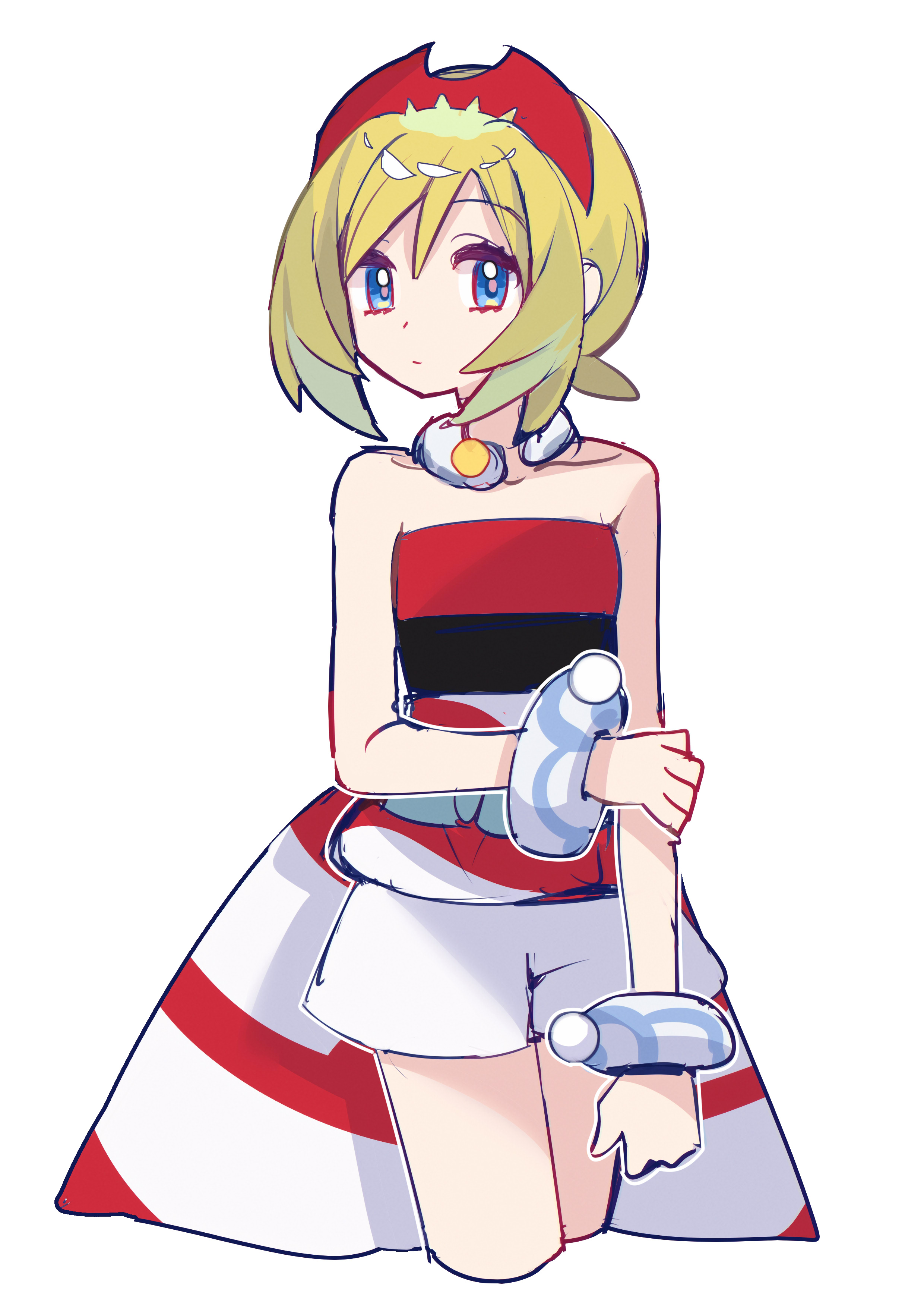 pkm lemon, irida (pokemon), nintendo, pokemon, pokemon legends: arceus, absurdres, highres, 1girl, blonde hair, blue eyes, closed mouth, hairband, hand on own arm, looking at viewer, red hairband, shirt, short hair, shorts, solo, strapless, strapless shirt, white background, white shorts