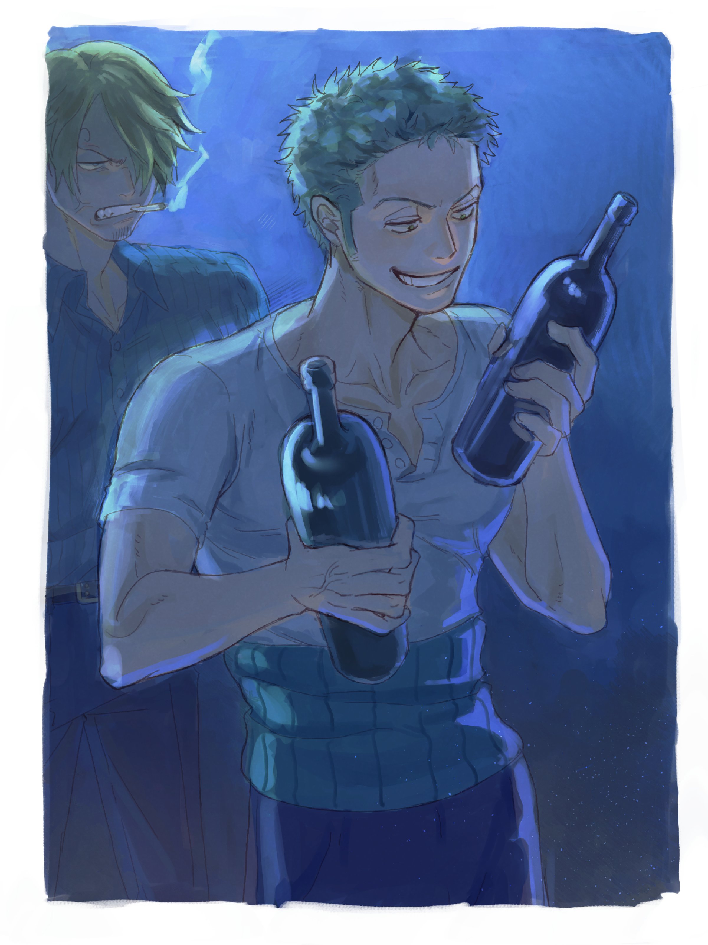 poipoisky72, roronoa zoro, sanji (one piece), one piece, absurdres, commentary request, highres, 2boys, anger vein, blonde hair, border, cigarette, collarbone, green hair, grin, holding, looking at another, male focus, multiple boys, shirt, short hair, short sleeves, sideburns, smile, smoking, striped clothes, striped shirt, white border