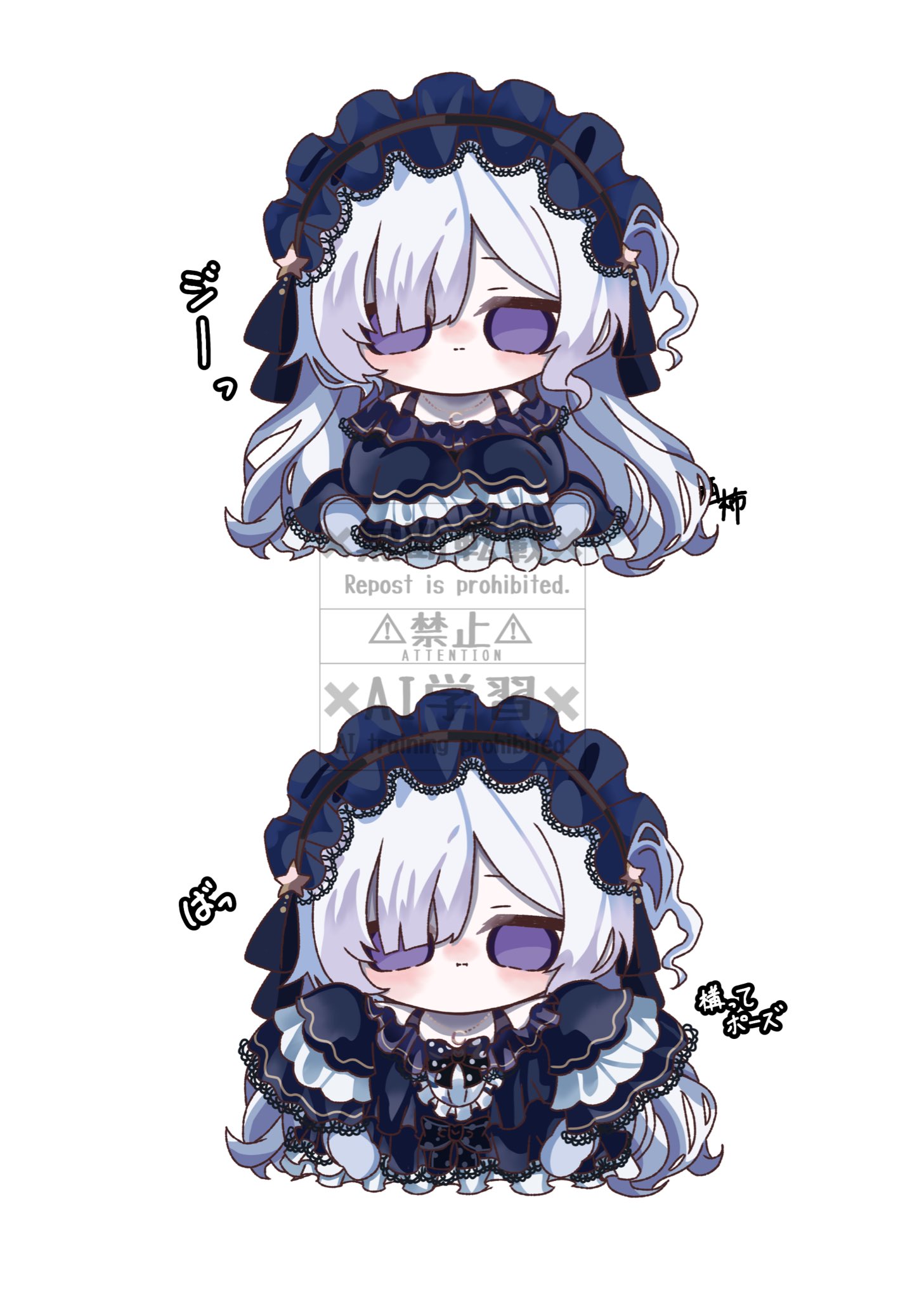 natsume an-an, mahou shoujo no majo saiban, highres, translation request, 1girl, arms up, blue hairband, bow, chibi, crescent, crescent necklace, dress, empty eyes, frilled dress, frills, gothic lolita, hair over one eye, hairband, jewelry, lolita fashion, lolita hairband, long hair, looking at viewer, magical girl, multiple views, necklace, polka dot, polka dot bow, purple eyes, shuuka (po n819), sleeves past fingers, sleeves past wrists, tied sleeves, very long hair, watermark, wavy hair, white background, white hair