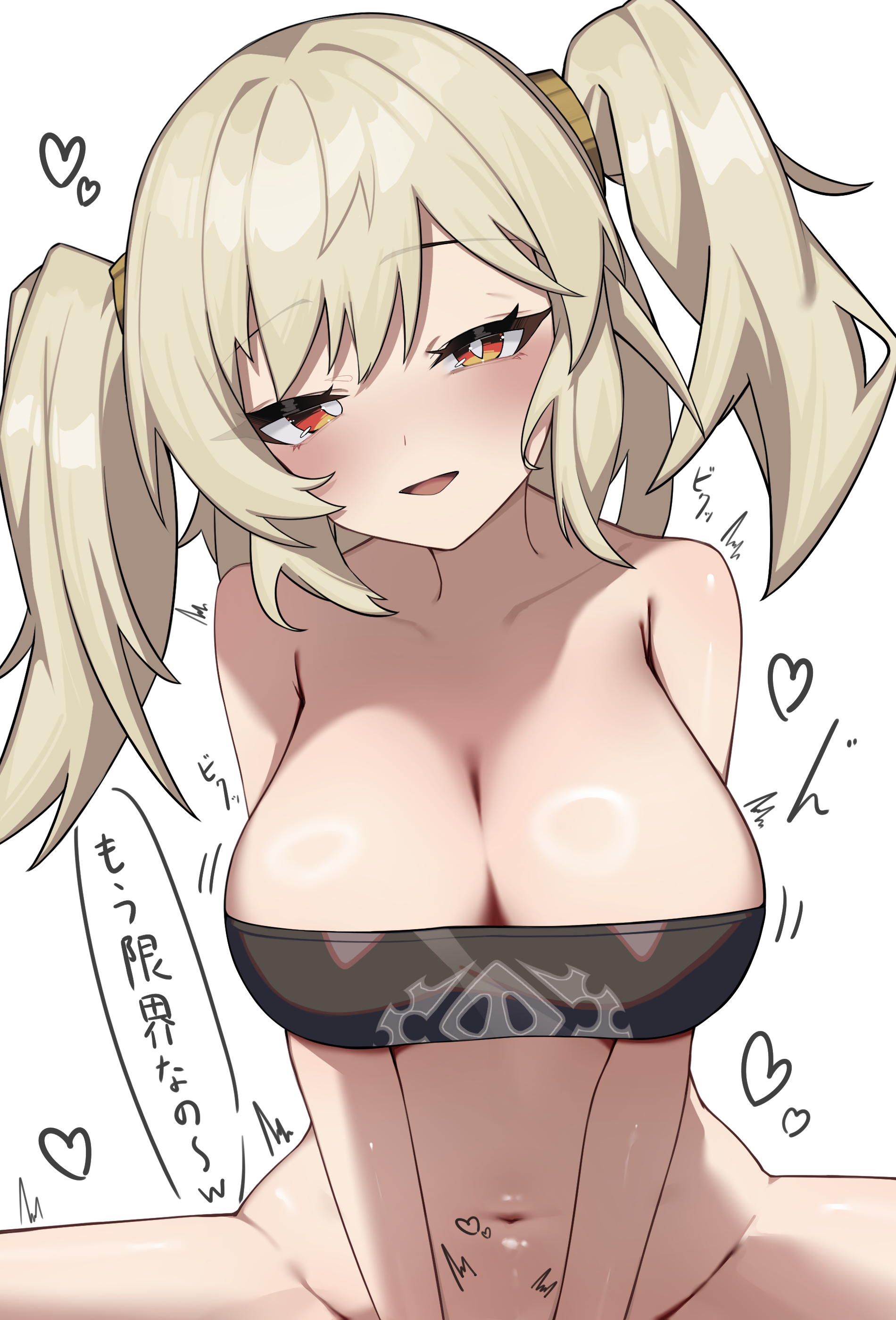 burnice white, zenless zone zero, absurdres, highres, 1girl, blonde hair, blush, breasts, crop top, heart, implied sex, looking at viewer, navel, open mouth, pov, red eyes, ring light reflection, short twintails, speech bubble, twintails, urokana
