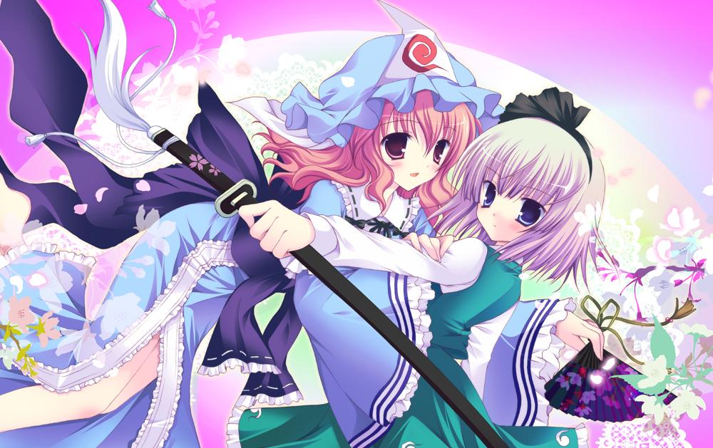 shirogane hina, konpaku youmu, saigyouji yuyuko, touhou, 2girls, blue eyes, dress, female focus, flower, gradient background, hat, katana, multiple girls, plant, red eyes, red hair, sheath, sheathed, skirt, sword, weapon, white hair