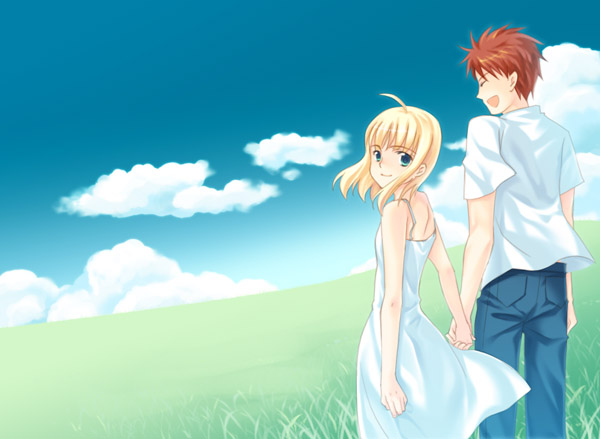 kayaka, artoria pendragon (fate), emiya shirou, saber (fate), fate/stay night, fate (series), 00s, 1boy, 1girl, ahoge, aqua eyes, blonde hair, cloud, couple, day, dress, happy, hetero, holding hands, laughing, looking back, meadow, sky, smile, white dress