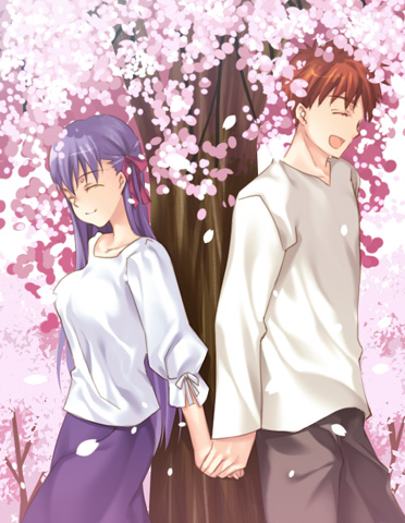 kayaka, emiya shirou, matou sakura, fate/stay night, fate (series), lowres, 00s, 1boy, 1girl, cherry blossoms, closed eyes, flower, hetero, holding hands, name connection, object namesake, official alternate costume, smile, tree