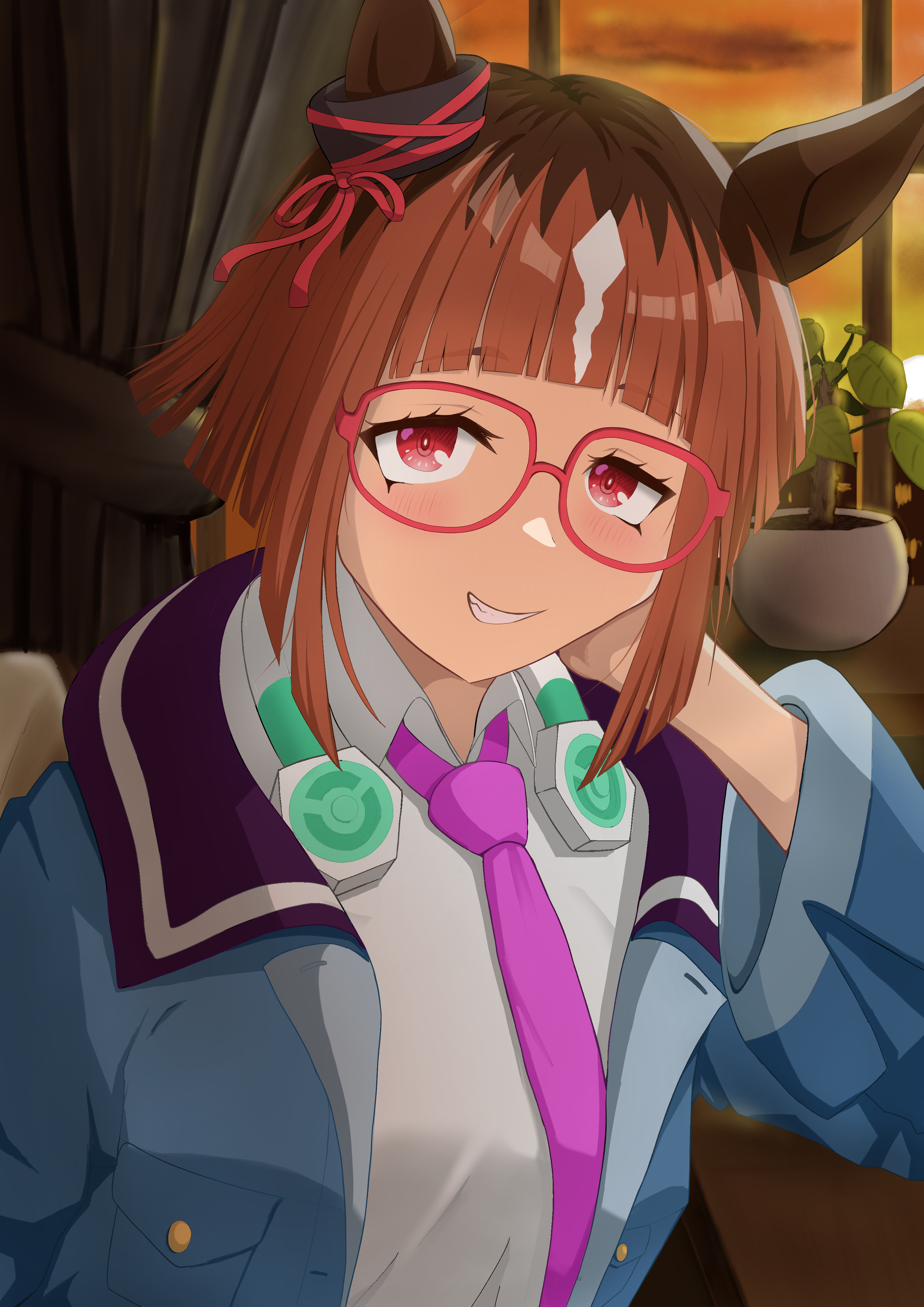 mog (user mtvk5888), transcend (casual) (umamusume), transcend (umamusume), umamusume, absurdres, highres, 1girl, animal ears, blue jacket, brown hair, collared shirt, headphones, headphones around neck, horse ears, horse girl, jacket, long sleeves, looking at viewer, necktie, open clothes, open jacket, purple necktie, red-framed eyewear, red eyes, shirt, short hair, smile, solo, upper body, white shirt