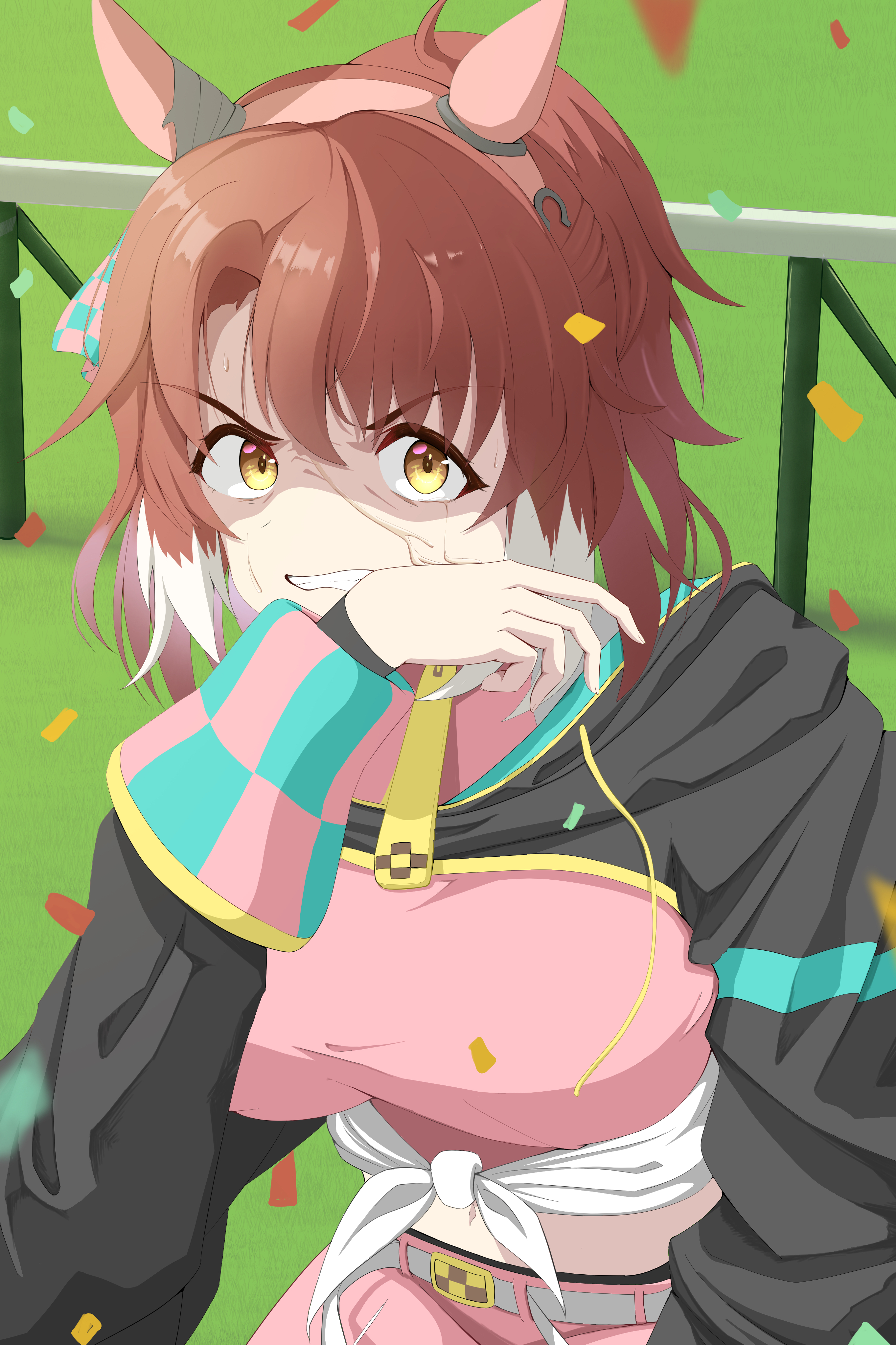 mog (user mtvk5888), dantsu flame (umamusume), umamusume, umamusume: beginning of a new era, absurdres, highres, 1girl, ahoge, animal ears, bow, breasts, brown eyes, brown hair, checkered ribbon, confetti, ear covers, ear ribbon, hair between eyes, horse ears, horse girl, large breasts, looking at viewer, midriff, multicolored hair, navel, pink shorts, shaded face, shorts, solo, white hair