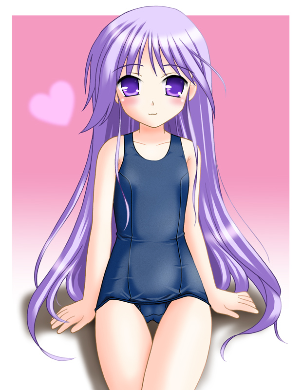 neopure, watarase jun, happiness!, gender request, 00s, 1girl, :3, crossdressing, crossdressing (mtf), female focus, long hair, one-piece swimsuit, purple eyes, purple hair, school swimsuit, solo, swimsuit