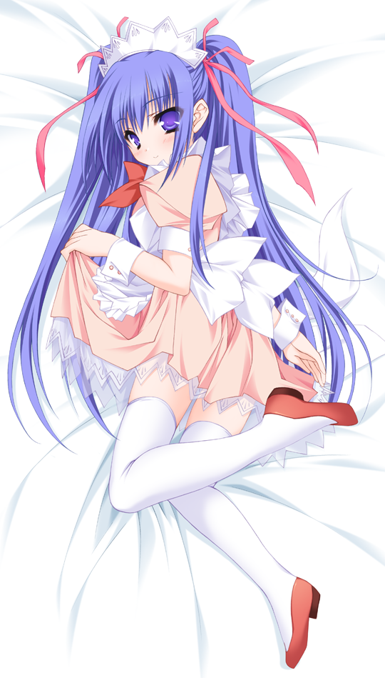 moekibara fumitake, dreamparty, apron, blush, clothes lift, long hair, maid, maid apron, purple eyes, purple hair, skirt, skirt lift, solo, thighhighs, twintails, wrist cuffs, zettai ryouiki
