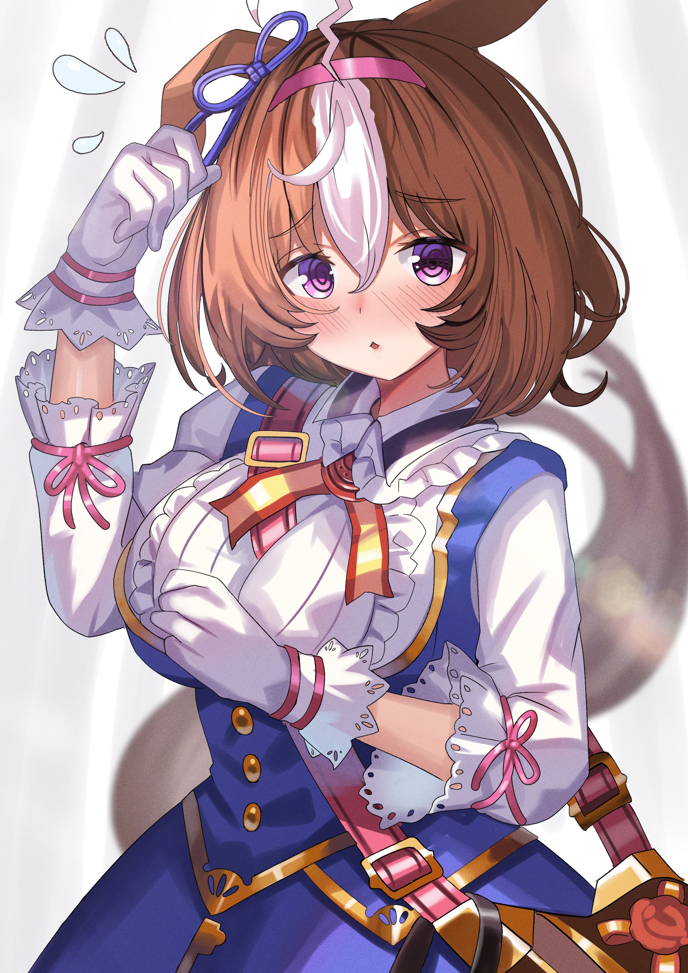 ame sagari, meisho doto (blue/raging) (umamusume), meisho doto (umamusume), umamusume, absurdres, highres, 1girl, animal ears, blue dress, blush, breasts, brown hair, dress, gloves, hair between eyes, hairband, horse ears, horse girl, horse tail, large breasts, looking at viewer, medium hair, multicolored hair, open mouth, pink hairband, purple eyes, shirt, solo, tail, two-tone hair, white gloves, white hair, white shirt