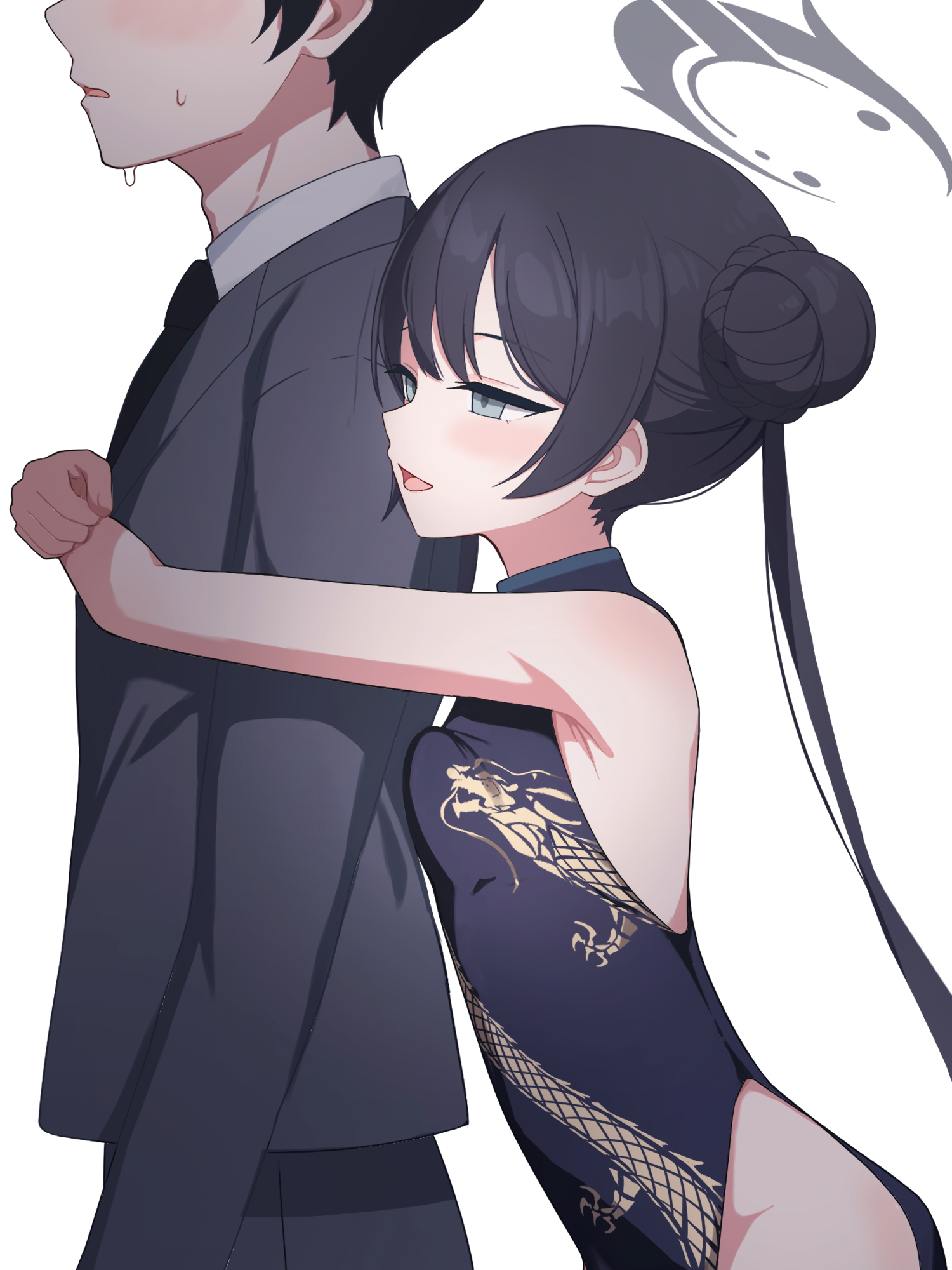minamino 3730, kisaki (blue archive), sensei (blue archive), blue archive, commentary request, highres, 1boy, 1girl, black dress, black hair, breast press, breasts, china dress, chinese clothes, double bun, dress, grey halo, hair bun, halo, hug, hug from behind, small breasts, twintails, white background