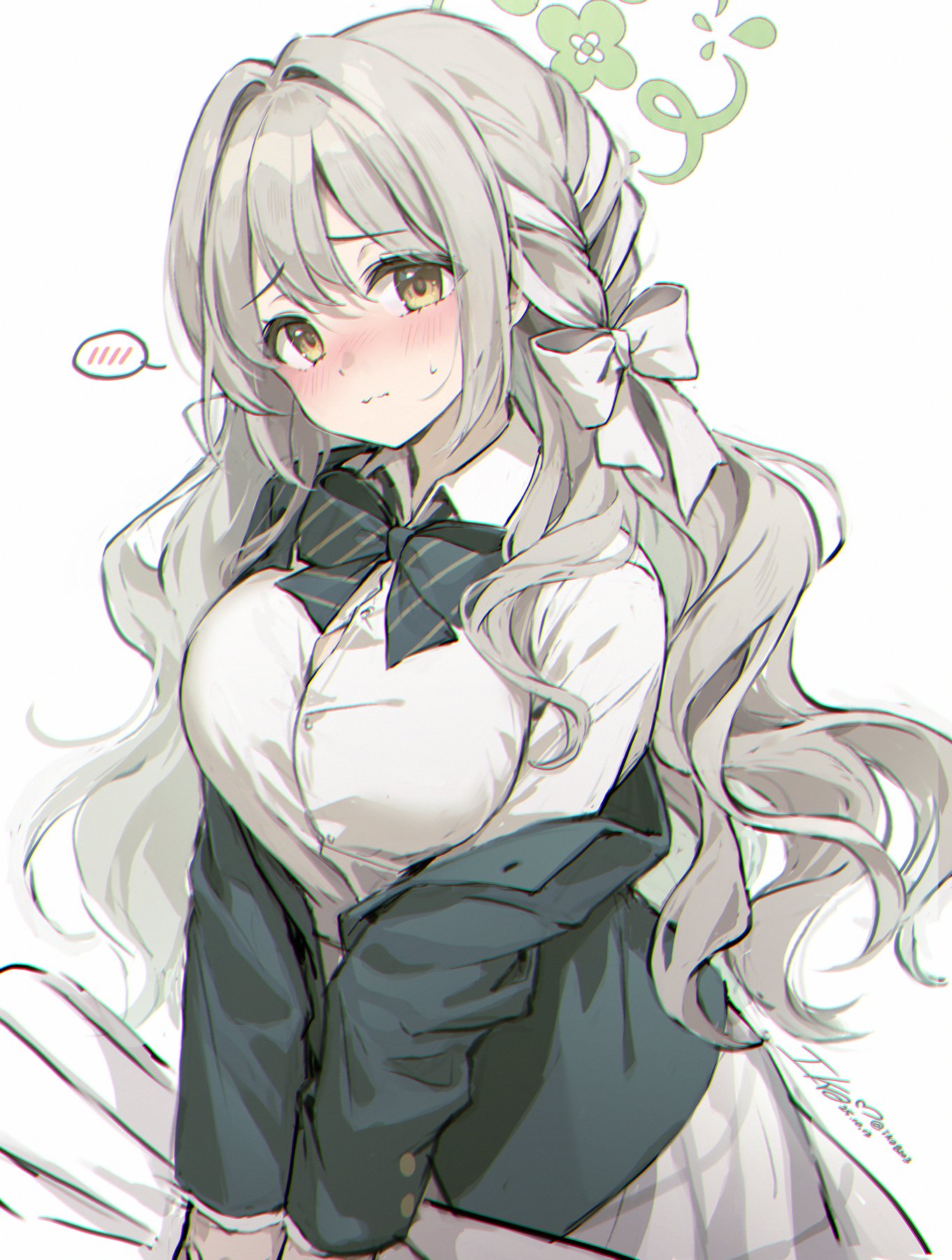 ika (4801055), miyo (blue archive), blue archive, highres, 1girl, black jacket, blush, bow, bowtie, braid, breasts, button gap, closed mouth, collared shirt, cowboy shot, grey hair, hair bow, halo, jacket, large breasts, long hair, looking at viewer, nose blush, off shoulder, school uniform, shirt, simple background, skirt, solo, spoken blush, white background, white shirt, white skirt, yellow eyes