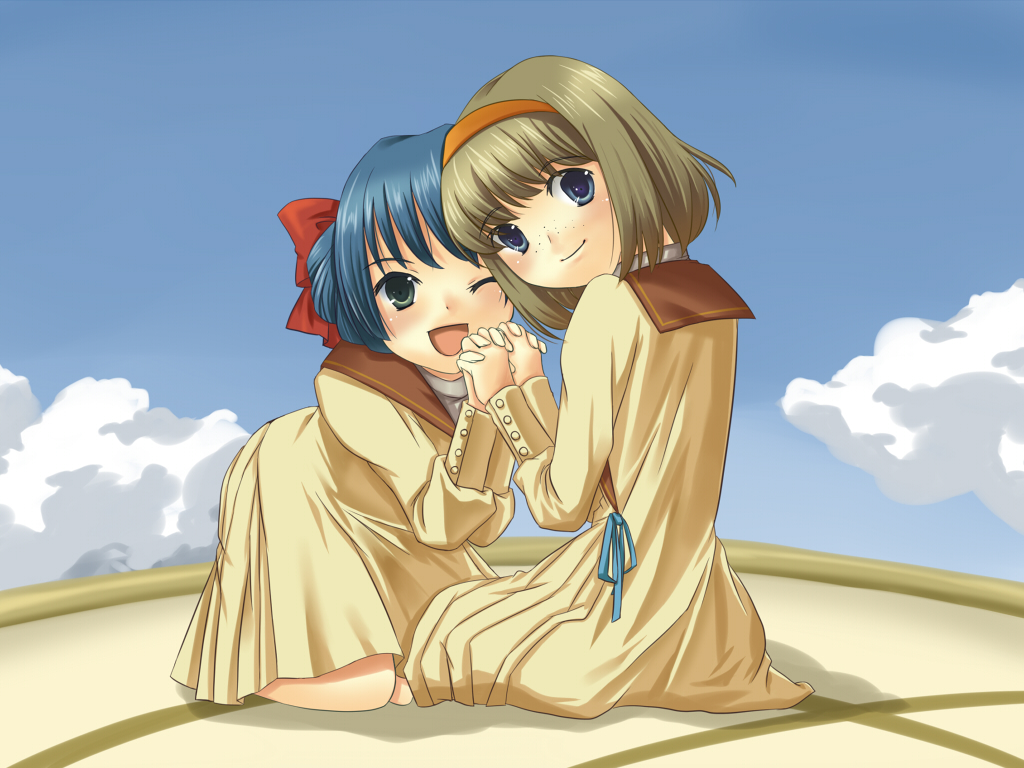 nasunoko, mamiina (simoun), rodoreamon (simoun), simoun, 00s, blue eyes, blue hair, brown hair, freckles, green eyes, hairband, holding hands, one eye closed, short hair, wink