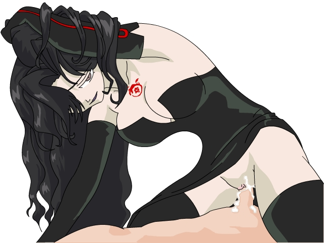 lust (fma), fullmetal alchemist, homunculus, 00s, 1boy, 1girl, arm up, armpits, bare shoulders, black dress, black gloves, black hair, black thighhighs, breasts, cleavage, clothed sex, clothes lift, cowgirl position, cum, cum in pussy, dress, dress lift, elbow gloves, girl on top, gloves, goth fashion, hair over one eye, hetero, lipstick, long hair, looking at viewer, makeup, no bra, no panties, ouroboros, pale skin, purple eyes, sex, simple background, sleeveless, sleeveless dress, slit pupils, solo focus, straddling, strapless, strapless dress, tattoo, thighhighs, uncensored, vaginal, wavy hair, white background