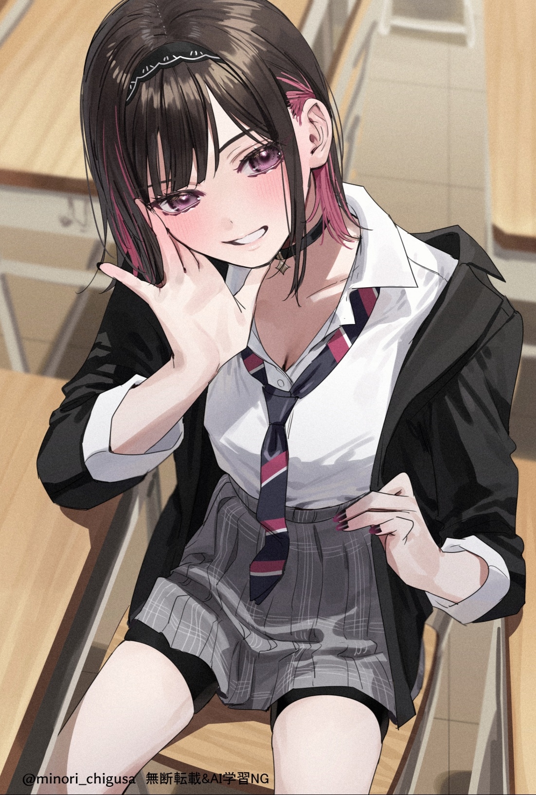 chigusa minori, original, highres, 1girl, bike shorts under skirt, black choker, black hair, black hairband, black jacket, black nails, black shorts, breasts, chair, choker, classroom, cleavage, colored inner hair, desk, diagonal-striped clothes, diagonal-striped necktie, gradient nails, grey skirt, hairband, hand up, jacket, looking at viewer, multicolored hair, nail polish, necktie, open clothes, open jacket, pink hair, plaid clothes, plaid skirt, pleated skirt, purple nails, school chair, school desk, school uniform, shirt, short hair, shorts, sitting, skirt, solo, striped clothes, white shirt