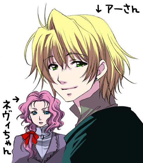keshou gakebai, sumachii, aeru (simoun), neviril (simoun), simoun, bad id, bad pixiv id, 00s, 1boy, 1girl, blonde hair, blue eyes, character name, genderswap, genderswap (ftm), green eyes, pink hair, short hair, simple background, white background