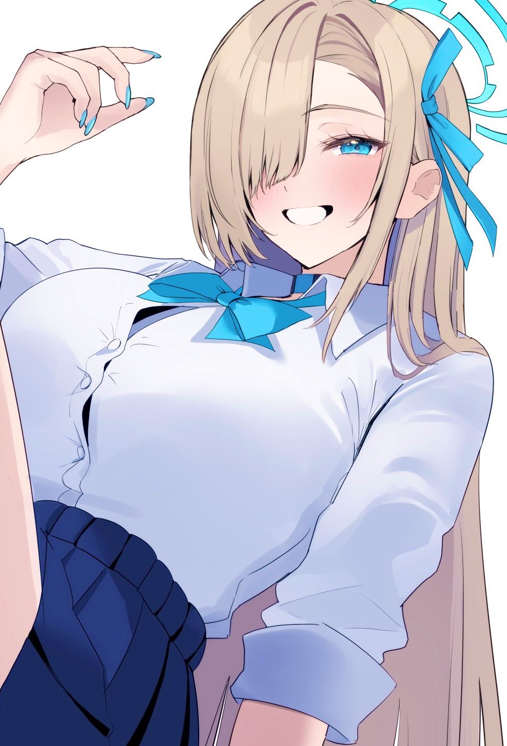 nakano kura, asuna (blue archive), asuna (school uniform) (blue archive), blue archive, highres, 1girl, blonde hair, blue bow, blue bowtie, blue eyes, blue halo, blue skirt, blush, bow, bowtie, breasts, grin, hair over one eye, halo, large breasts, long hair, looking at viewer, pleated skirt, shirt, sitting, skirt, sleeves rolled up, smile, solo, thighs, very long hair, white shirt