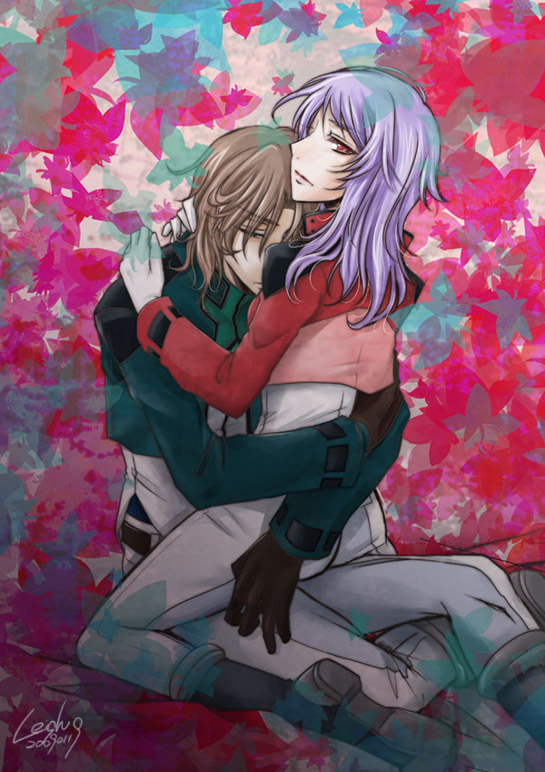 leigh, anew returner, lyle dylandy, gundam, gundam 00, silver hair, bad id, bad pixiv id, 00s, 1boy, 1girl, brown hair, couple, dress, from side, full body, hetero, hug, kneeling, long hair, long sleeves, looking at viewer, red dress