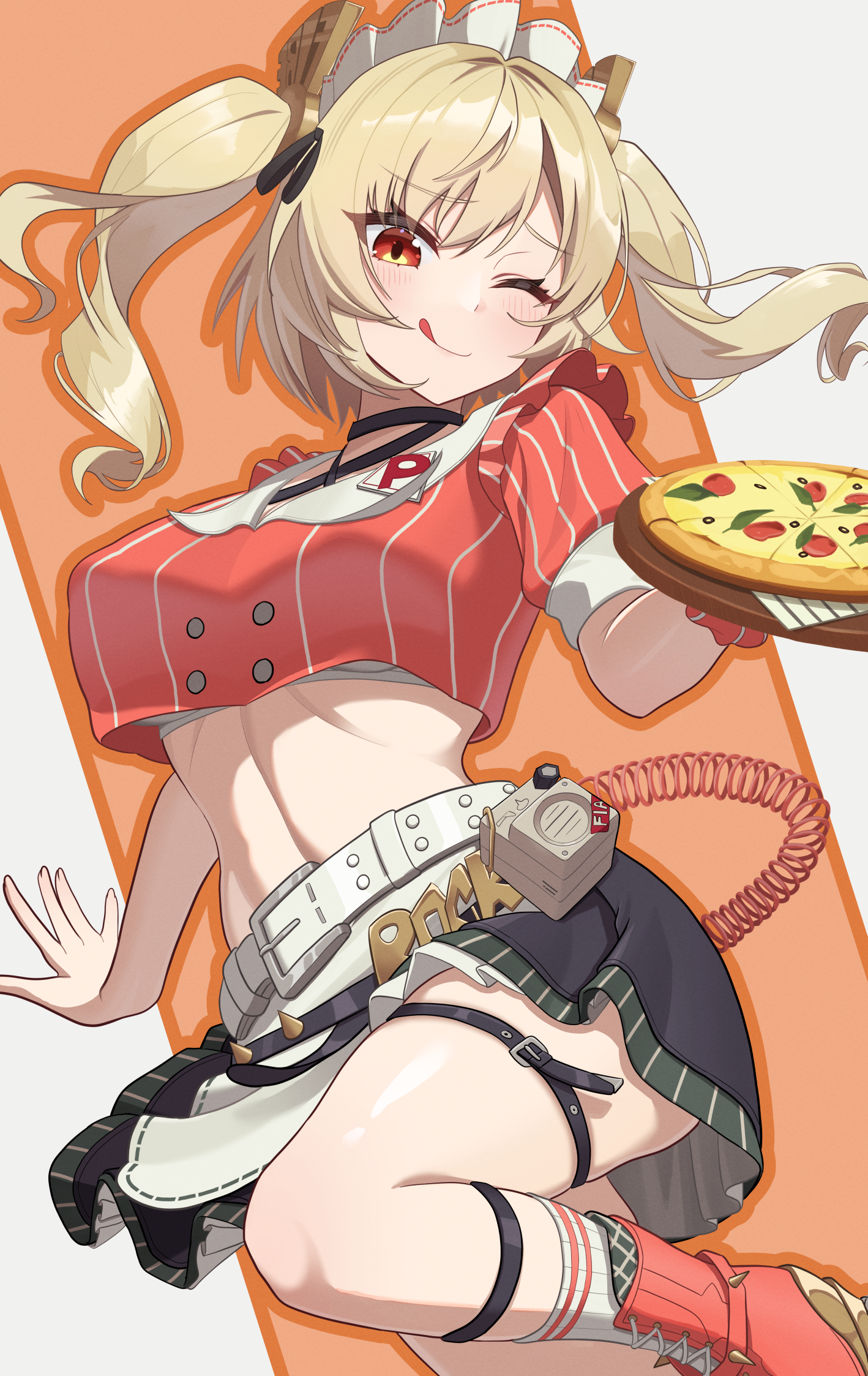 ru wan chi, burnice white, burnice white (operation yum 2025), zenless zone zero, highres, 1girl, black skirt, blonde hair, blush, bra, bra peek, breasts, food, holding, holding food, holding pizza, leg up, licking lips, looking at viewer, navel, pizza, red eyes, roller skates, short twintails, skates, skirt, tongue, tongue out, twintails, underwear, waitress
