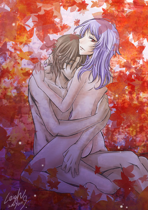 leigh, anew returner, lyle dylandy, gundam, gundam 00, bad id, bad pixiv id, 00s, 1boy, 1girl, ass, brown hair, couple, green eyes, hetero, hug, leaf, nude, pink eyes, purple hair, short hair, signature, straddling