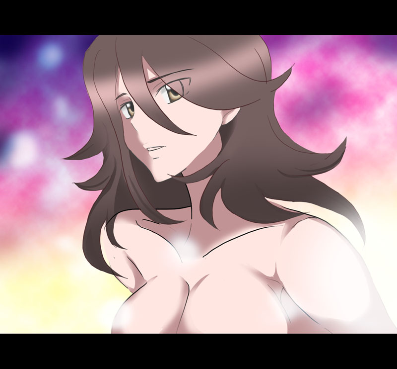 nico (artist), sumeragi lee noriega, gundam, gundam 00, bad id, bad pixiv id, 00s, 1girl, breasts, brown eyes, brown hair, cleavage, closed mouth, collarbone, expressionless, female focus, hair between eyes, letterboxed, out-of-frame censoring, solo, topless female, topless frame, upper body