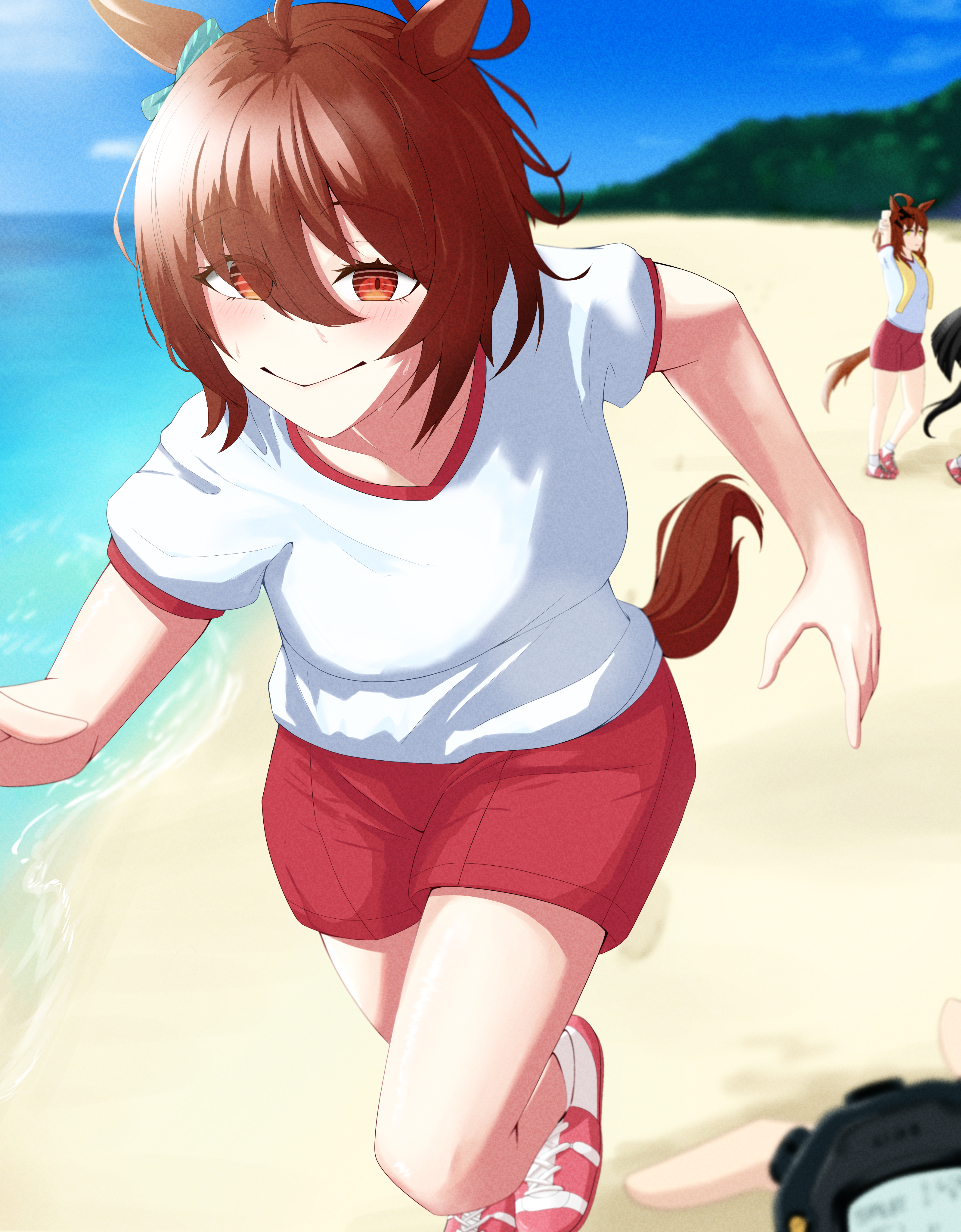 mog (user mtvk5888), agnes tachyon (umamusume), jungle pocket (umamusume), manhattan cafe (umamusume), umamusume, absurdres, highres, 1other, 3girls, ahoge, beach, black hair, blurry, brown hair, depth of field, hair between eyes, holding, holding stopwatch, horse girl, jam (umamusume), long hair, multiple girls, original race uniform (umamusume), pov, pov hands, red eyes, red shorts, running, shirt, short hair, short sleeves, shorts, solo focus, stopwatch, towel, towel around neck, watch, white shirt
