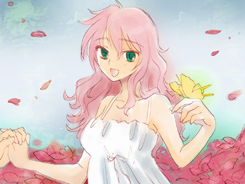 plum (arch), feldt grace, gundam, gundam 00, lowres, 00s, bug, butterfly, green eyes, insect, petals, pink hair, sky, smile, solo, tank top