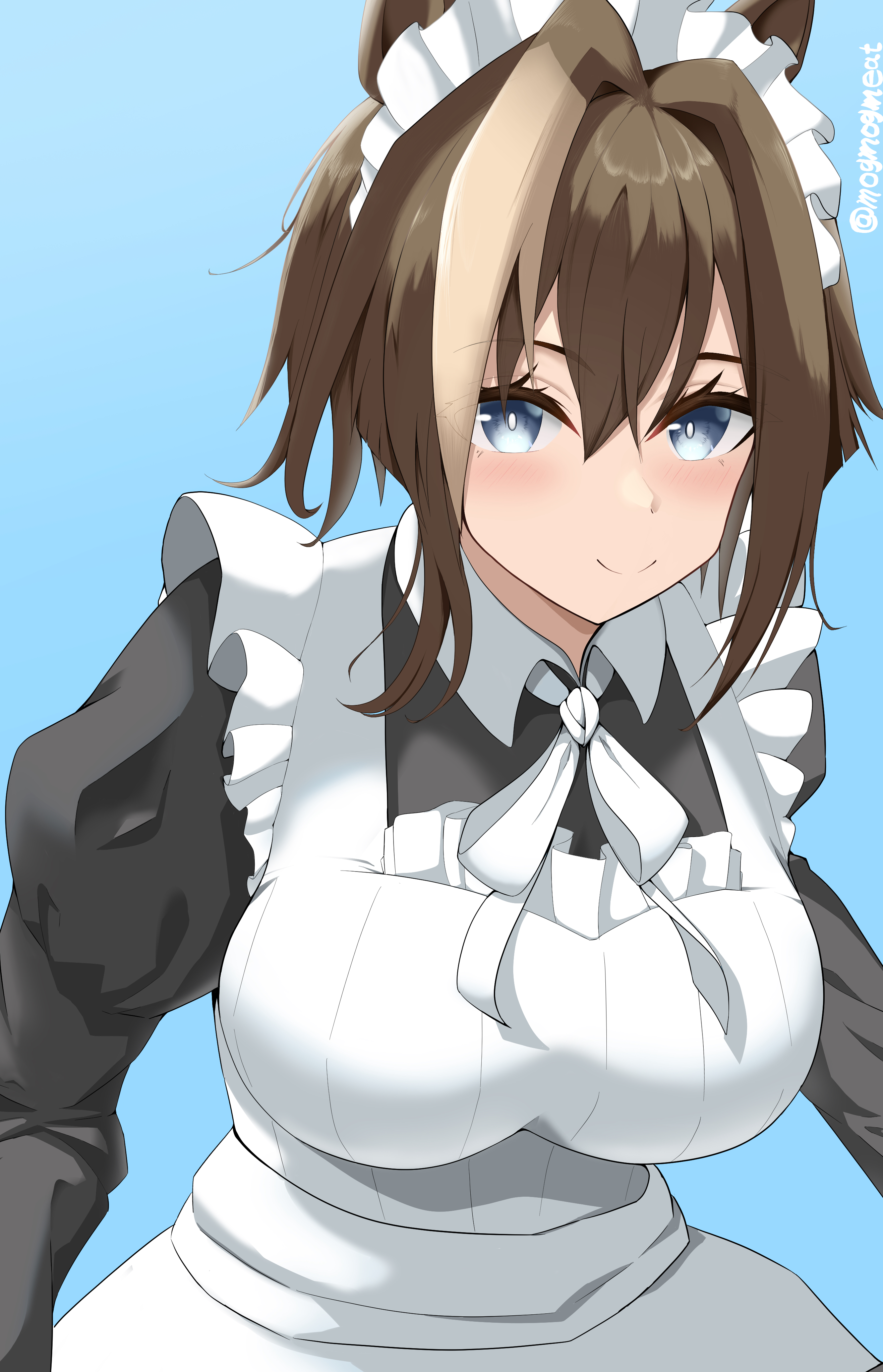 mog (user mtvk5888), cheval grand (umamusume), umamusume, absurdres, highres, 1girl, alternate costume, animal ears, apron, black dress, blue background, blue eyes, breasts, brown hair, dress, enmaided, frilled apron, frills, hair between eyes, horse ears, horse girl, impossible apron, impossible clothes, juliet sleeves, large breasts, long sleeves, looking at viewer, maid, maid apron, maid headdress, multicolored hair, puffy sleeves, simple background, solo, streaked hair, white apron, white hair