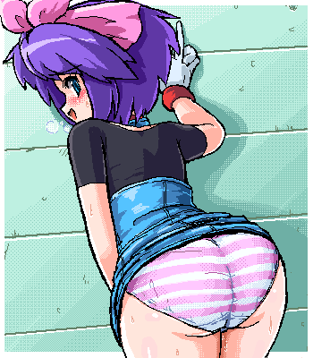 konpeto, kelly (pokemon), nintendo, pokemon, pokemon (anime), pokemon rse (anime), lowres, 1girl, against wall, ass, bent over, blue eyes, bow, breath, clothes lift, dress, dress lift, female focus, gloves, gluteal fold, hair bow, looking at viewer, looking back, oekaki, panties, presenting, short hair, solo, striped clothes, striped panties, sweat, underwear