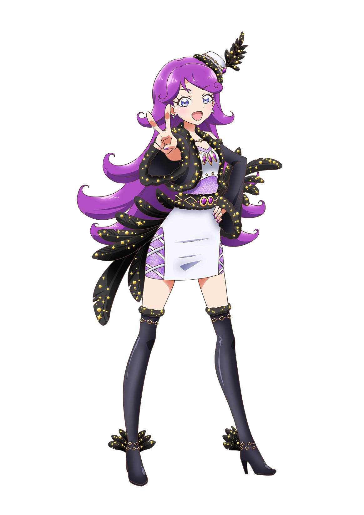 shido mel, kiratto pri chan, pretty series, commentary request, highres, official art, second-party source, 1girl, :d, black boots, black jacket, blue eyes, boots, dress, feathers, flipped hair, full body, hand on own hip, high heel boots, high heels, jacket, long hair, long sleeves, looking at viewer, open mouth, purple hair, simple background, smile, solo, standing, thigh boots, v, white background, white dress