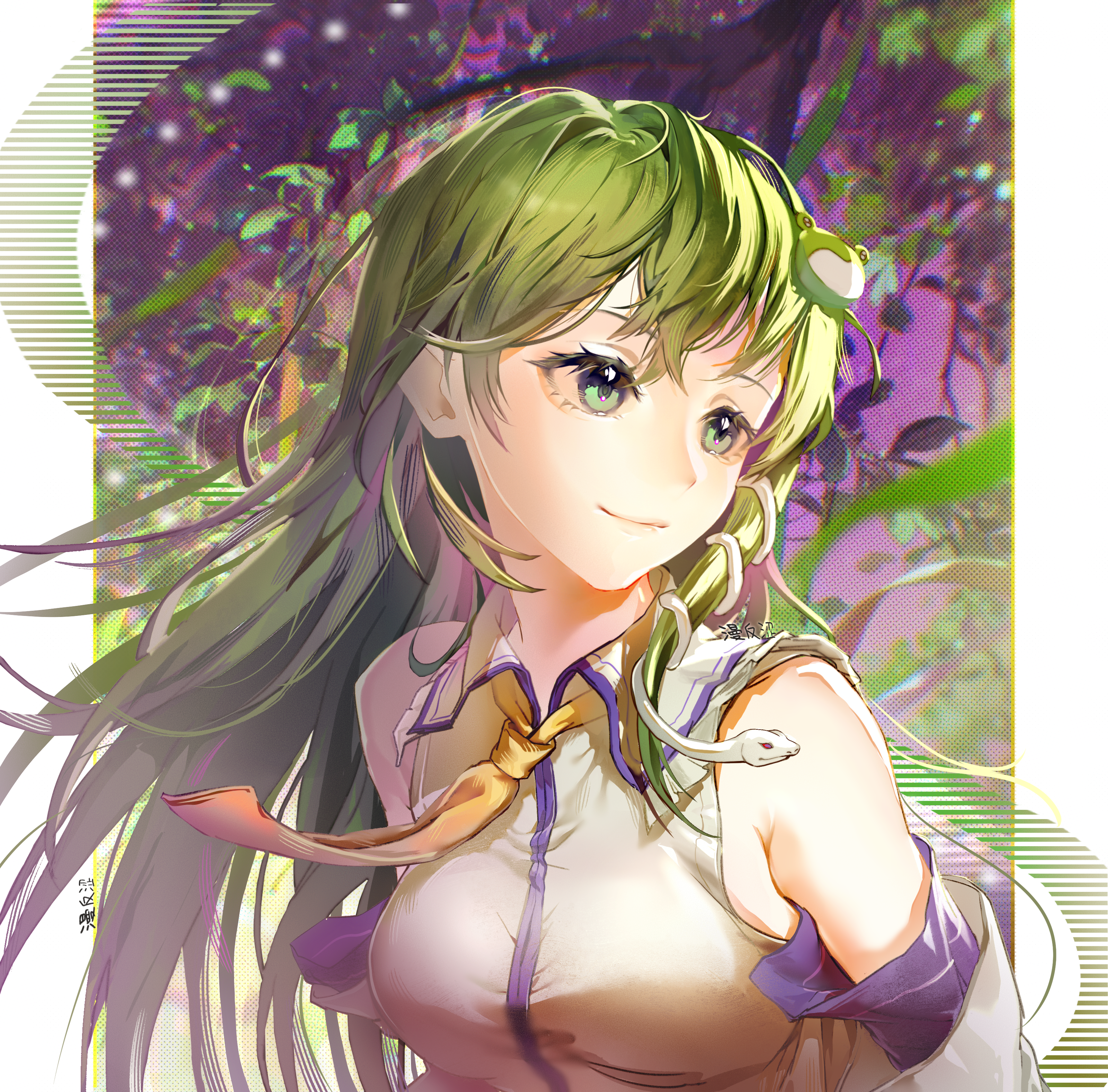 kochiya sanae, touhou, absurdres, chinese commentary, commentary request, highres, 1girl, armpit crease, bare shoulders, breasts, collared shirt, crossed bangs, detached sleeves, double-parted bangs, frog hair ornament, green eyes, green hair, hair behind ear, hair intakes, hair ornament, long hair, long sleeves, looking to the side, loveranforever, medium breasts, necktie, shirt, signature, single sidelock, sleeveless, sleeveless shirt, smile, snake hair ornament, solo, upper body, wide sleeves, wing collar, yellow necktie