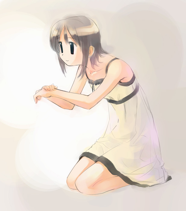 ikeda jun (mizutamari), original, bare shoulders, dress, leaning forward, sandals, seiza, sitting, solo