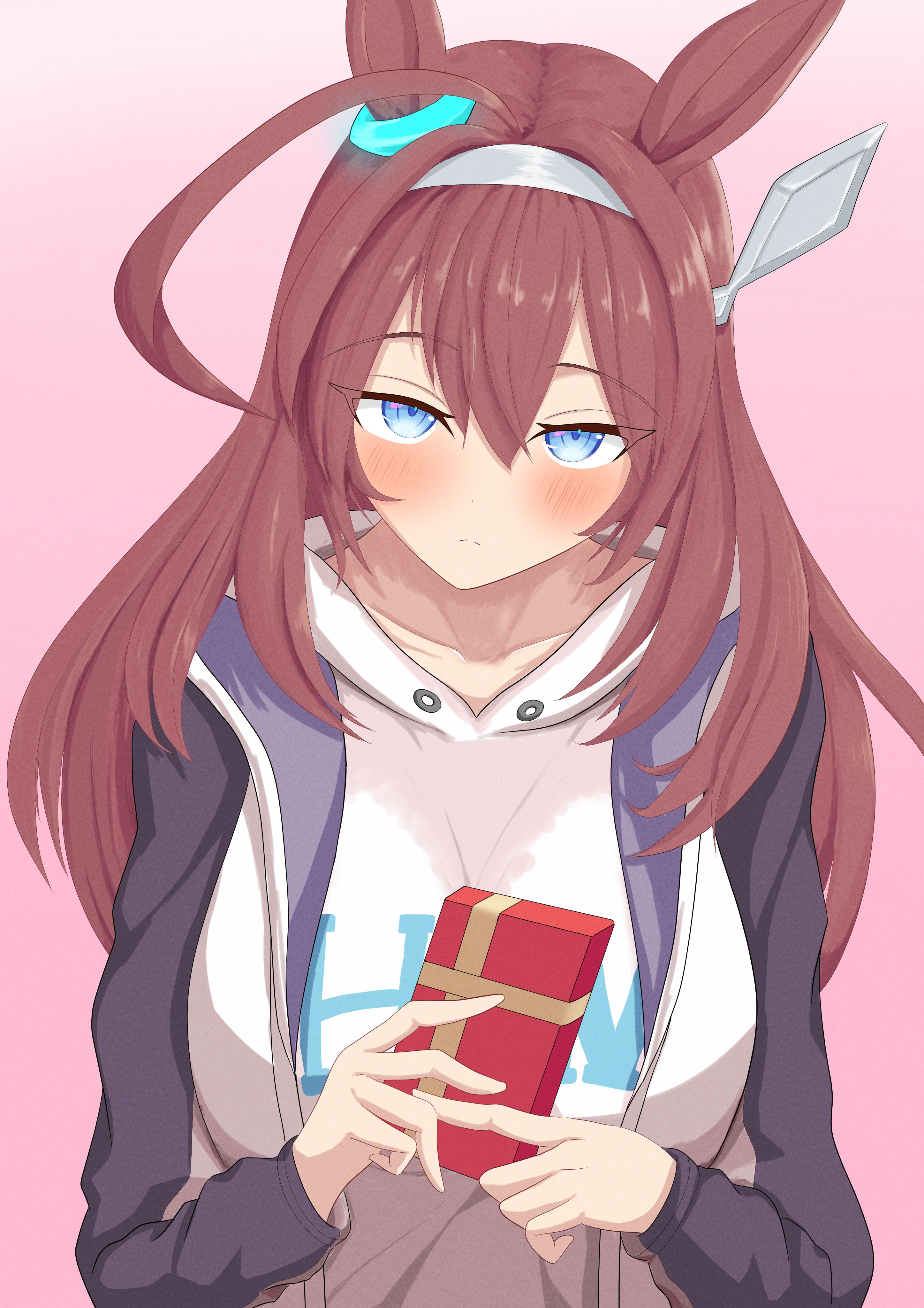 mog (user mtvk5888), mihono bourbon (casual) (umamusume), mihono bourbon (umamusume), umamusume, absurdres, highres, 1girl, ahoge, animal ears, blue eyes, blush, box, brown hair, gift, grey hairband, hair ornament, hairband, holding, holding box, holding gift, hood, hoodie, horse ears, horse girl, jacket, long hair, long sleeves, pink background, raglan sleeves, simple background, solo, upper body, valentine, white hoodie, white jacket