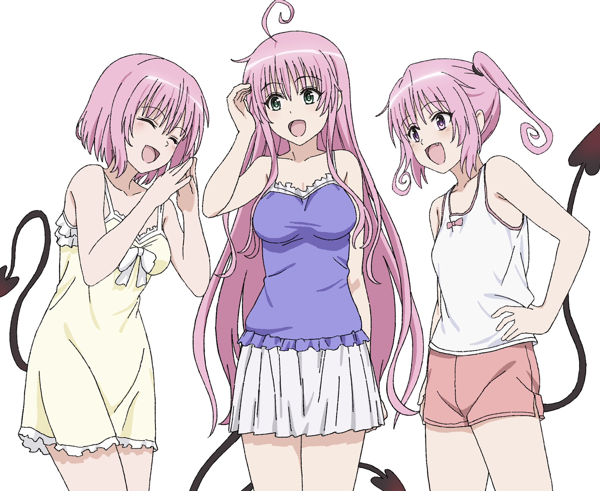kippei, lala satalin deviluke, momo velia deviluke, nana asta deviluke, to love-ru, to love-ru darkness, to love-ru darkness 2nd, highres, 3girls, ahoge, bare shoulders, breasts, demon tail, dress, frills, green eyes, long hair, medium breasts, multiple girls, open mouth, pink eyes, pink hair, purple eyes, short hair, short shorts, shorts, siblings, sisters, skirt, sleeveless, sleeveless dress, small breasts, smile, tail, twintails, very long hair