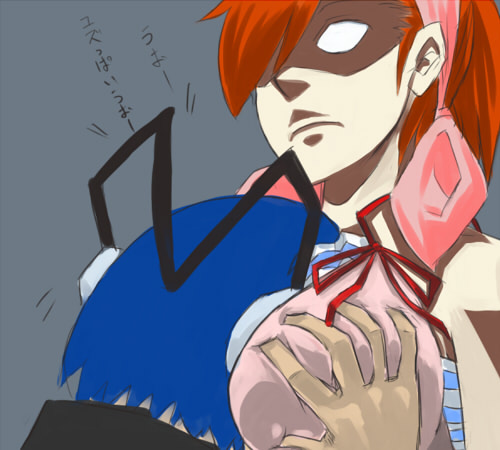 zim (artist), zim (pixiv), protagonist (devil survivor), tanigawa yuzu, devil survivor (series), devil survivor 1, bad id, bad pixiv id, lowres, 1boy, 1girl, bandana, blue hair, breasts, faceplant, headphones, large breasts, orange hair