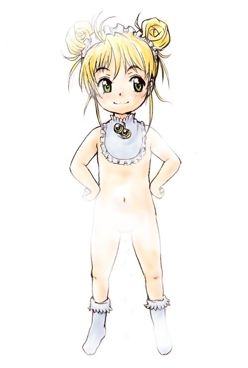 nick (pixiwixi), aeru (simoun), simoun, bad id, bad pixiv id, 00s, 1girl, aged down, bib, blonde hair, censored, convenient censoring, double bun, female focus, green eyes, hair bun, hands on own hips, loli, navel, solo