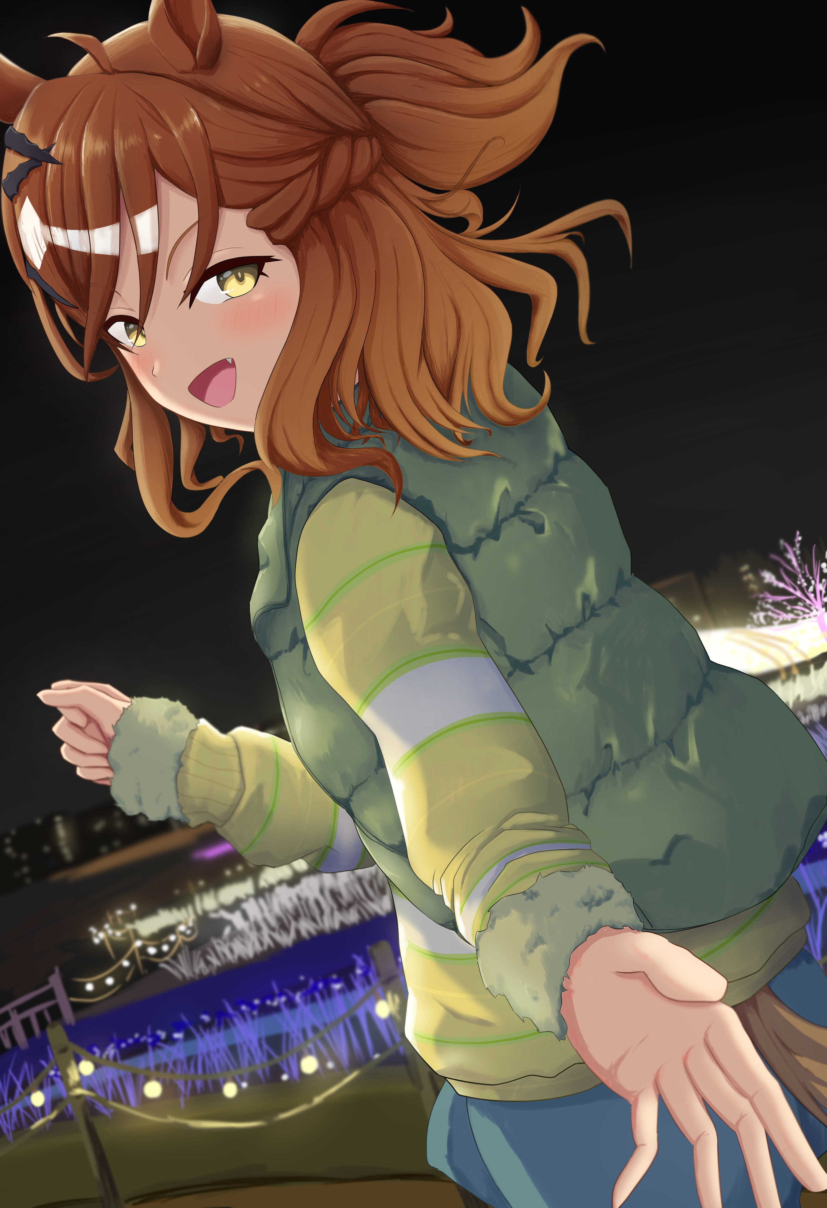 mog (user mtvk5888), jungle pocket (umamusume), umamusume, absurdres, highres, 1girl, ahoge, animal ears, braid, brown hair, dutch angle, fang, from side, fur-trimmed sleeves, fur trim, green jacket, hair ornament, hairclip, half up half down braid, horse ears, horse girl, illumination, jacket, long sleeves, looking at viewer, medium hair, official alternate costume, smile, solo, yellow eyes