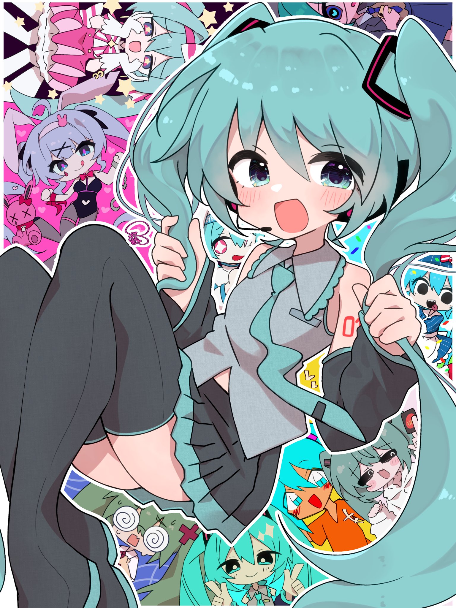 soesoe300, hatsune miku, confessions of a rotten girl (vocaloid), mesmerizer (vocaloid), mimukauwa nice try (vocaloid), rabbit hole (vocaloid), vocaloid, commentary, copyright request, highres, 6+girls, :d, bare shoulders, black boots, black skirt, black sleeves, blue eyes, blue hair, blue necktie, blush, boots, chibi, collared shirt, detached sleeves, feet out of frame, grey shirt, holding, holding own hair, ima sugu rinne (vocaloid), long hair, long sleeves, miniskirt, multiple girls, multiple persona, necktie, number tattoo, open mouth, outline, pleated skirt, shirt, shoulder tattoo, skirt, sleeveless, sleeveless shirt, smile, tattoo, thigh boots, twintails, very long hair, white outline