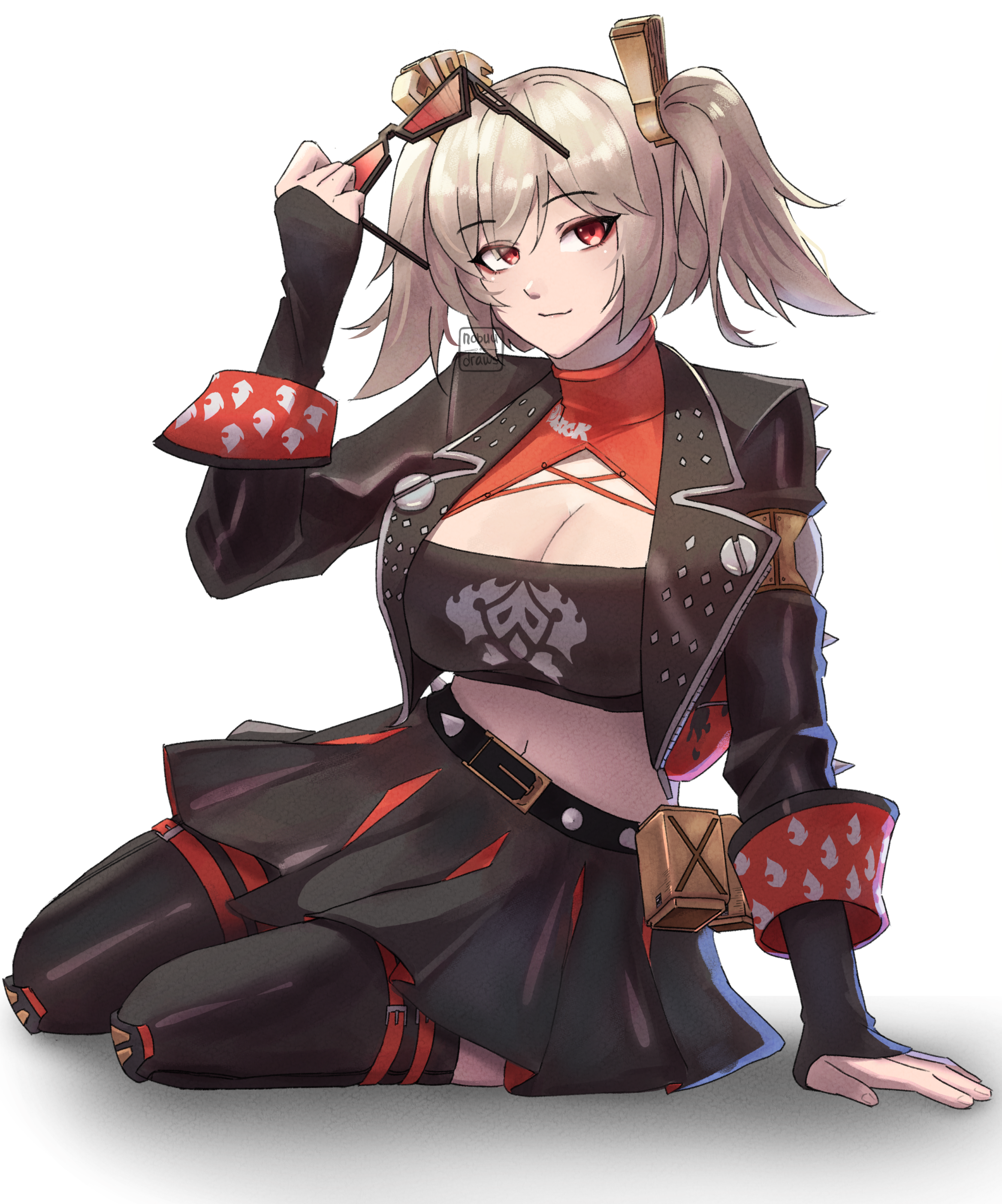 nobuudraws, burnice white, zenless zone zero, absurdres, highres, 1girl, belt, black skirt, black thighhighs, blonde hair, breasts, cleavage, crop top, holding, holding removed eyewear, large breasts, looking at viewer, navel, on floor, pleated skirt, red eyes, short twintails, signature, sitting, skirt, smile, sunglasses, thighhighs, twintails, unworn eyewear