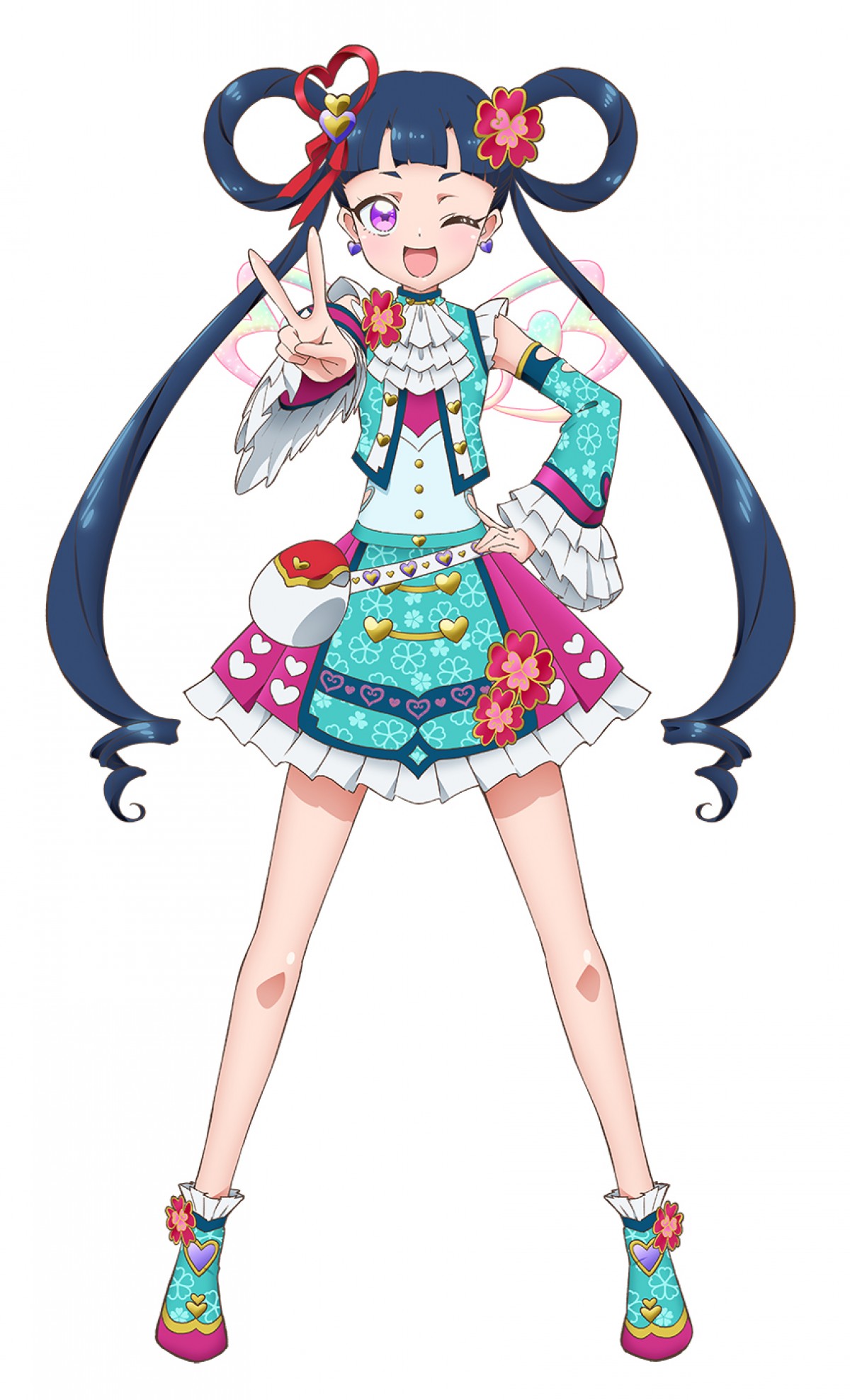 melpan (pri chan), kiratto pri chan, pretty series, highres, official art, second-party source, 1girl, ;d, ascot, blue hair, blue shirt, blue shoes, blunt bangs, cropped jacket, detached sleeves, earrings, flower, frilled skirt, frilled sleeves, frills, hair flower, hair ornament, hair ribbon, hair rings, hand on own hip, hand up, jewelry, legs apart, long hair, long sleeves, looking at viewer, one eye closed, open mouth, purple eyes, red flower, red ribbon, ribbon, shirt, shoes, simple background, skirt, sleeveless, sleeveless jacket, smile, solo, standing, star-shaped pupils, star (symbol), symbol-shaped pupils, twintails, v, very long hair, white ascot, white background, white bag