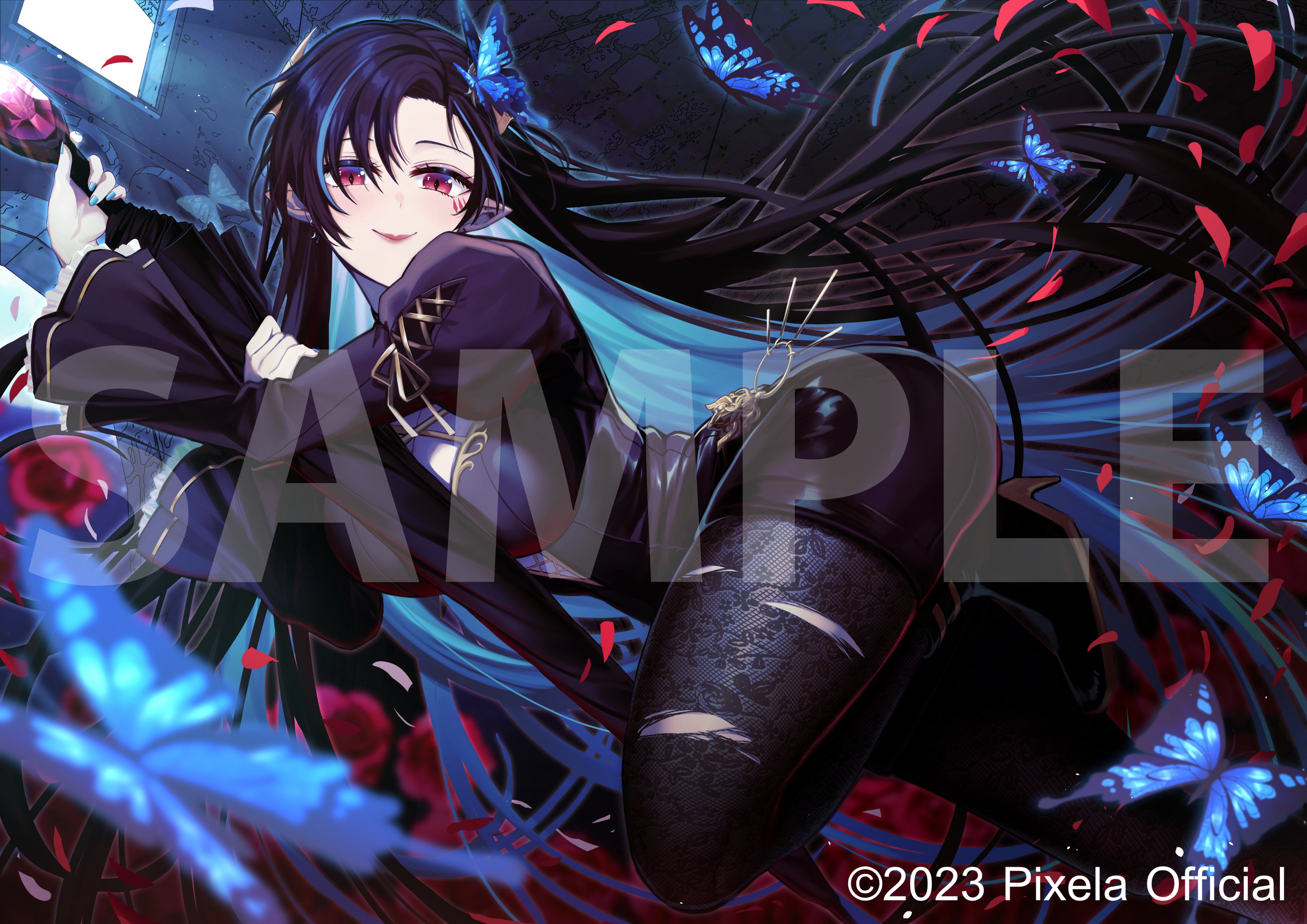 alchiaki, umino ciala, pixela project, absurdres, highres, mixed-language commentary, official art, 1girl, ankle boots, arched back, black boots, black hair, black pantyhose, black shirt, black shorts, black umbrella, blue butterfly, blue hair, blue nails, blurry, boots, breasts, bug, butterfly, butterfly on head, cleavage, closed umbrella, colored inner hair, copyright notice, cross-laced clothes, cross-laced sleeves, curtained hair, depth of field, dutch angle, facial mark, falling petals, flower, foot out of frame, frilled sleeves, frills, gem, high-waist shorts, high heel boots, high heels, holding, holding umbrella, horns, hugging object, indoors, insect, juliet sleeves, keyring, knee up, lace pantyhose, large breasts, leather shorts, long hair, long sleeves, looking at viewer, looking to the side, multicolored hair, nail polish, pantyhose, petals, pointy ears, puffy sleeves, red eyes, red flower, red gemstone, red lips, red rose, rose, sample watermark, shirt, short shorts, shorts, smile, solo, swept bangs, thai commentary, torn clothes, torn pantyhose, umbrella, very long hair, virtual youtuber, watermark, window