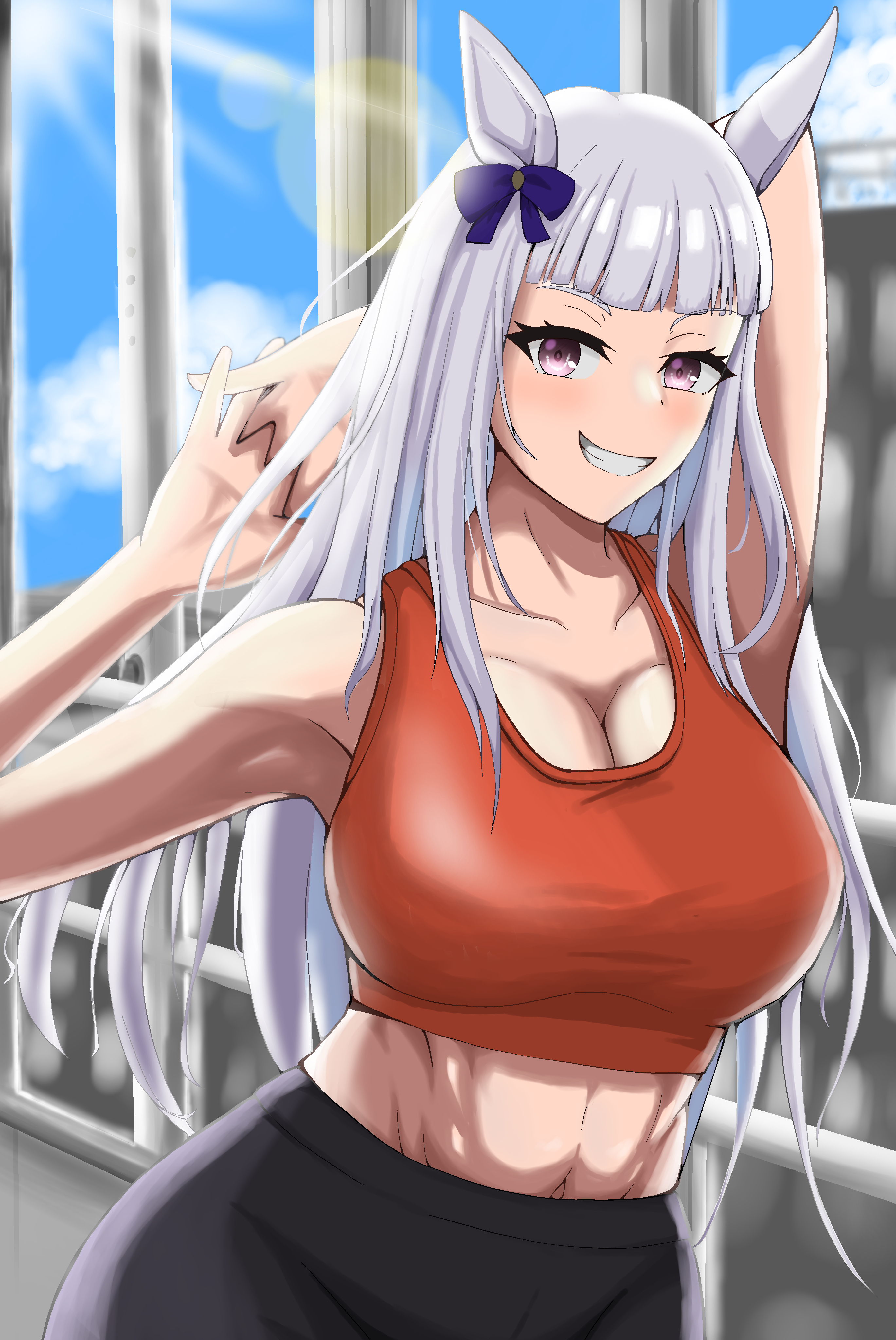 mog (user mtvk5888), gold ship (umamusume), umamusume, absurdres, highres, abs, alternate costume, animal ears, arms behind head, black pants, blunt bangs, bow, breasts, cleavage, collarbone, crop top, ear bow, grey hair, horse ears, horse girl, large breasts, lens flare, long hair, looking at viewer, midriff, navel, pants, purple bow, purple eyes, red tank top, smile, tank top