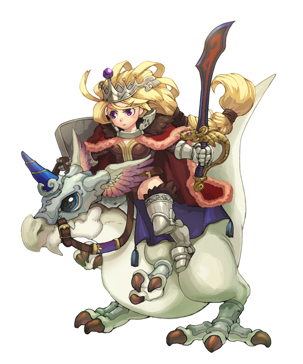 torashiro eiji, highres, blonde hair, crown, dragon, purple eyes, solo, sword, weapon