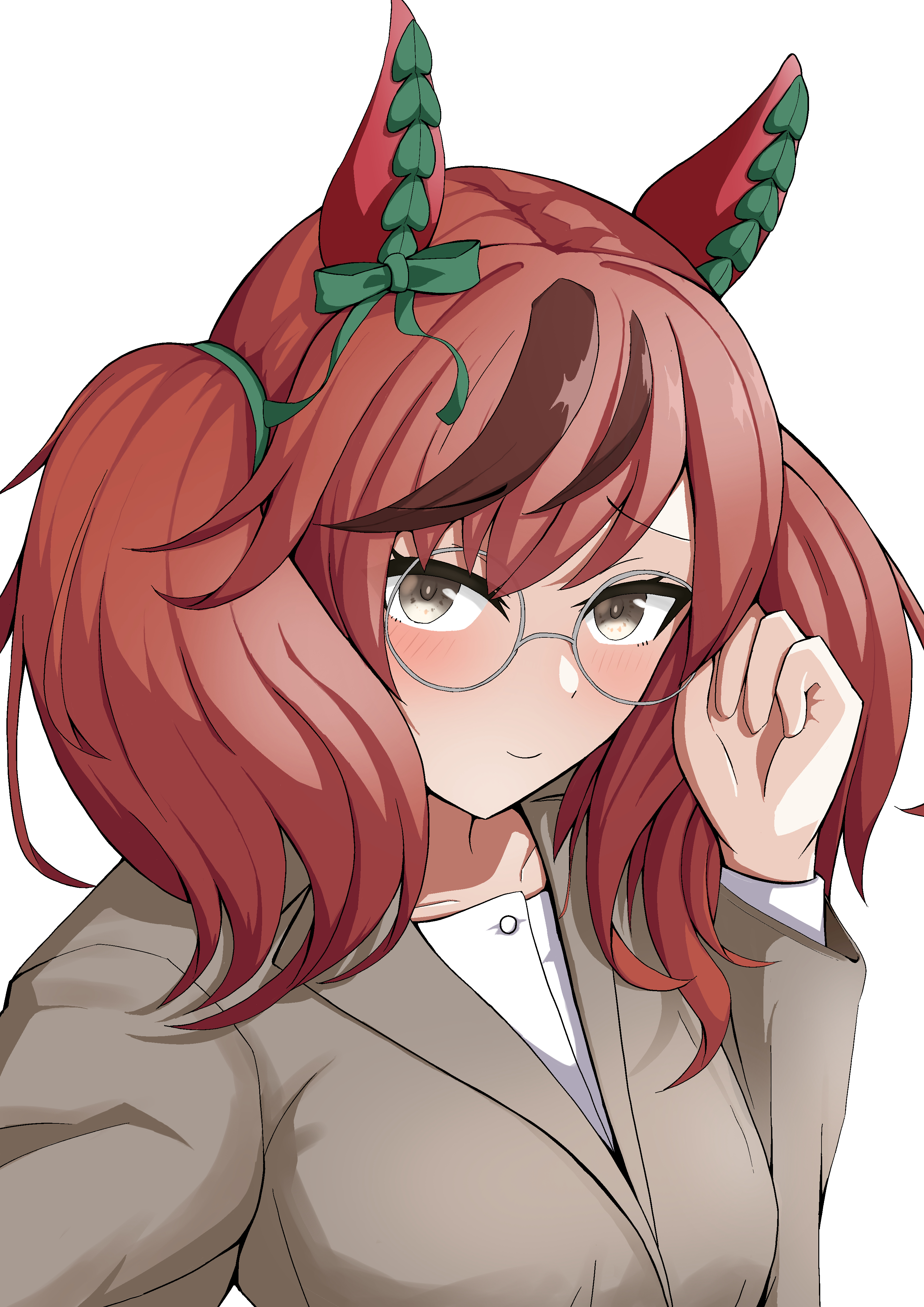 mog (user mtvk5888), nice nature (umamusume), umamusume, absurdres, highres, 1girl, animal ears, blush, bow, brown eyes, brown hair, brown jacket, ear bow, ear covers, green bow, grey-framed eyewear, horse ears, horse girl, jacket, long sleeves, looking at viewer, medium hair, multicolored hair, round eyewear, shirt, simple background, smile, solo, streaked hair, twintails, upper body, white background, white shirt