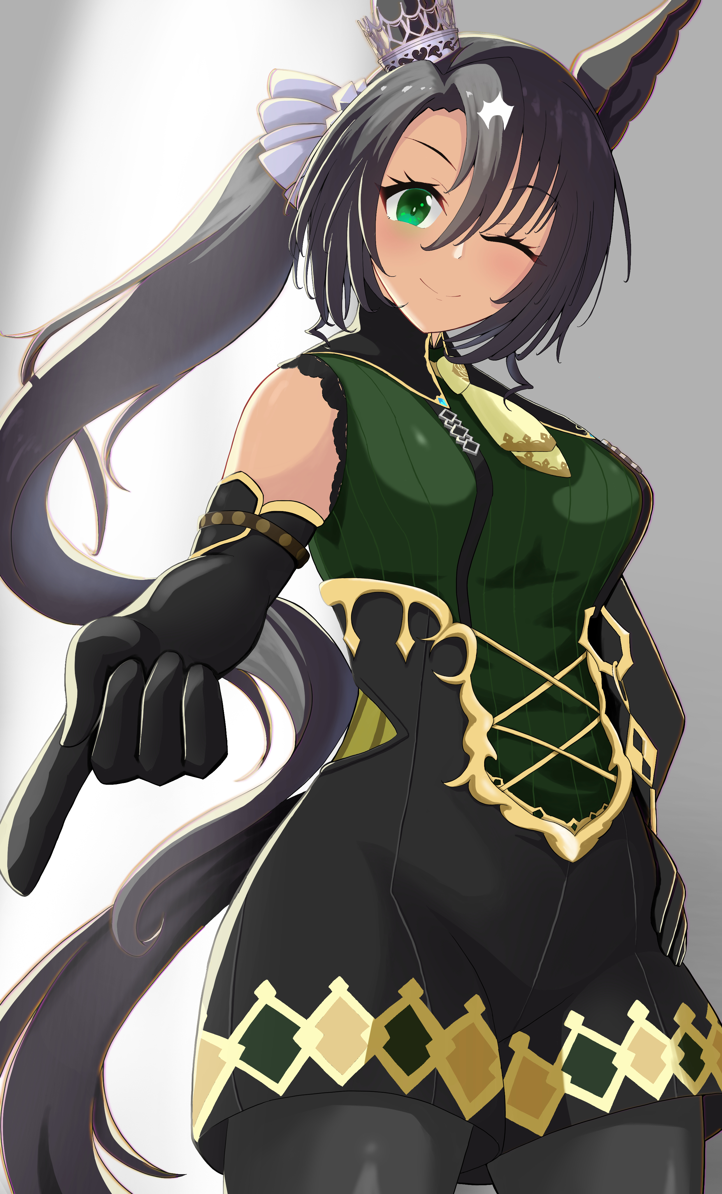 mog (user mtvk5888), satono crown (emerald journey) (umamusume), satono crown (umamusume), umamusume, absurdres, highres, 1girl, ;), animal ears, black gloves, black hair, black pantyhose, black suspenders, breasts, ear ornament, ear through crown, elbow gloves, gloves, green eyes, green sweater, hair between eyes, horse ears, horse girl, horse tail, long hair, looking at viewer, medium breasts, multicolored hair, necktie, one eye closed, pantyhose, ribbed sweater, side ponytail, sleeveless, sleeveless sweater, smile, solo, streaked hair, sweater, tail, white hair, yellow necktie