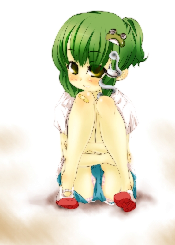 corocoma, kochiya sanae, touhou, 1girl, aged down, alternate hairstyle, bandaid, bandaid on knee, bandaid on leg, blush, female focus, full body, green hair, hugging own legs, kindergarten, knees up, ponytail, shoes, shorts, sitting, solo, uwabaki, yellow eyes
