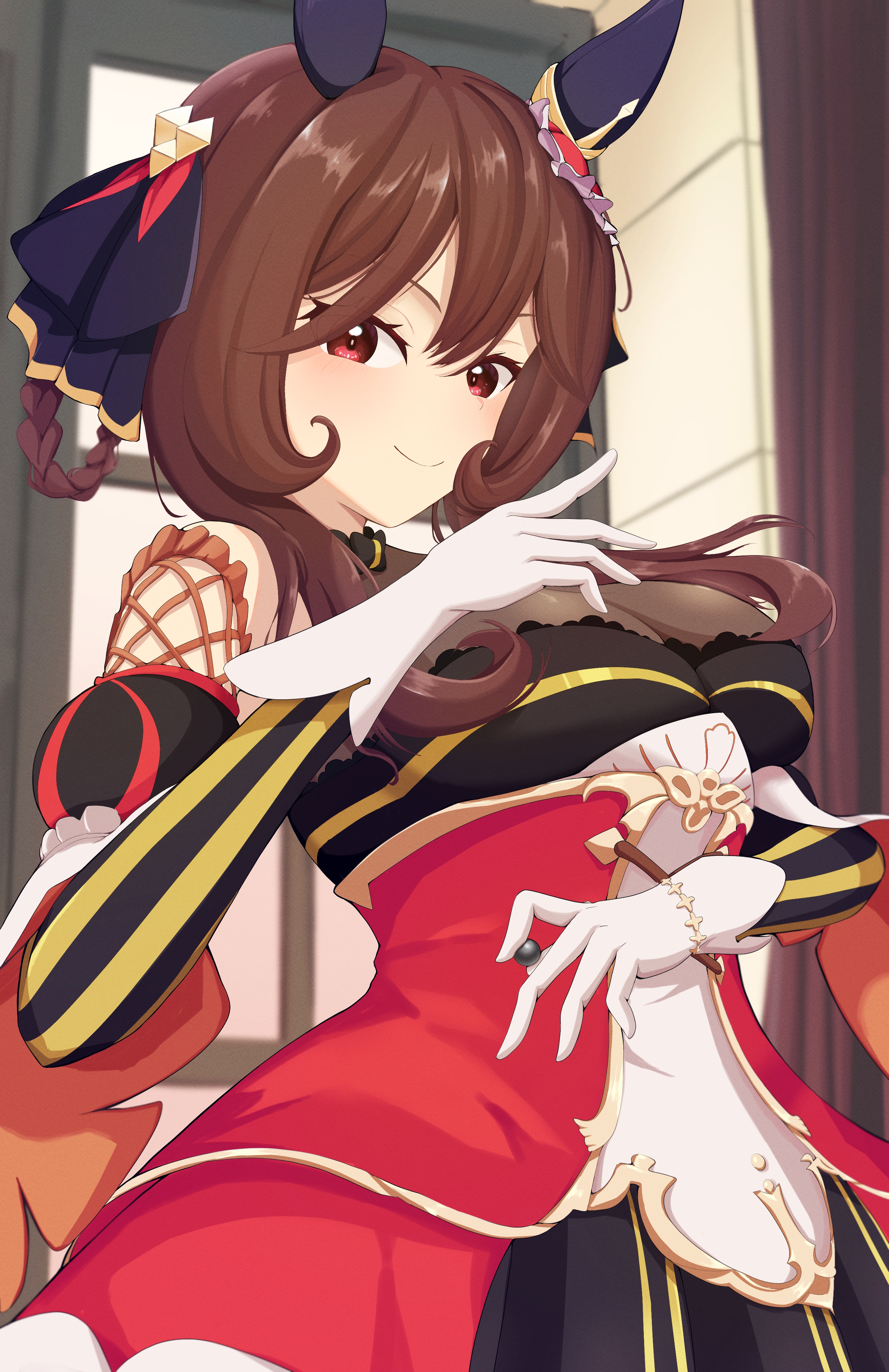 mog (user mtvk5888), gentildonna (regina dei fiori) (umamusume), gentildonna (umamusume), umamusume, absurdres, highres, 1girl, animal ears, braid, braided hair rings, breasts, brown hair, corset, detached sleeves, ear covers, gloves, hair between eyes, hair rings, horse ears, horse girl, large breasts, long hair, looking at viewer, red corset, red eyes, see-through cleavage, see-through clothes, smile, solo, white gloves