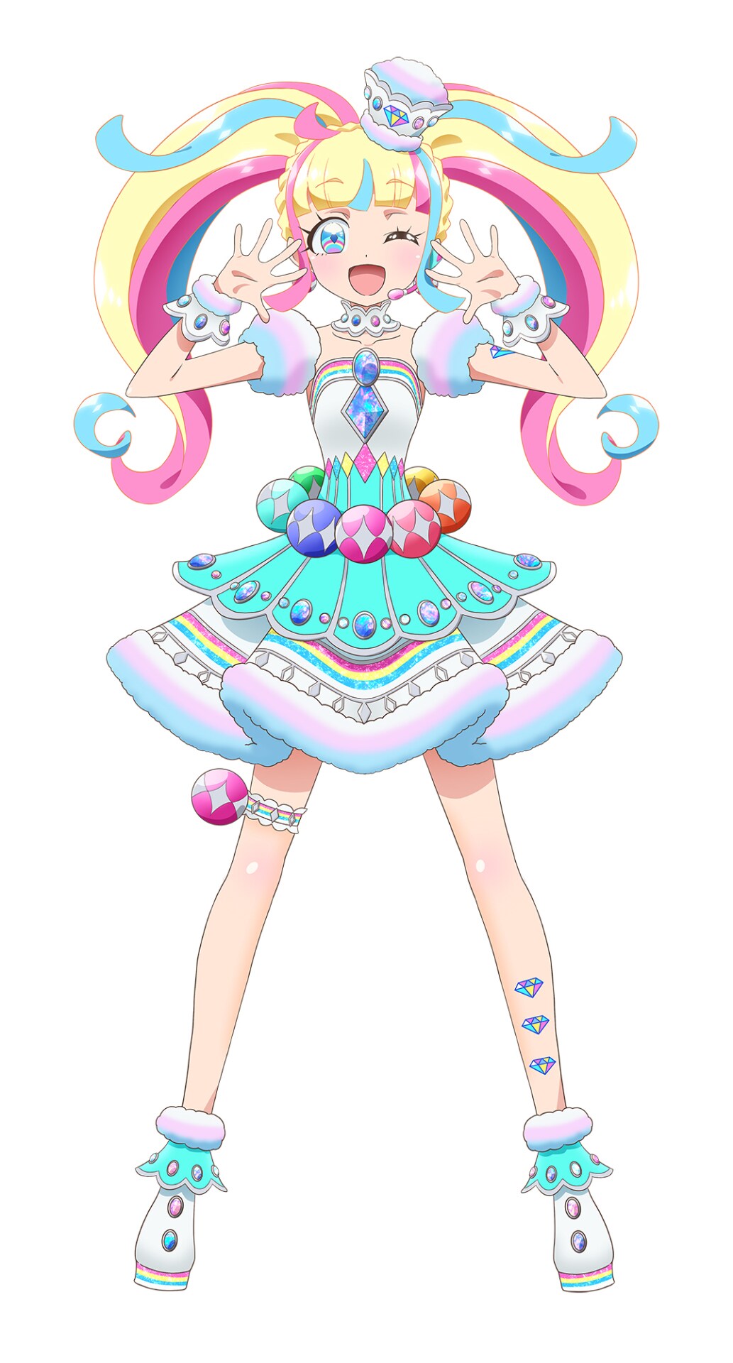 daia (pri chan), kiratto pri chan, pretty series, highres, official art, second-party source, 1girl, ahoge, blonde hair, blue eyes, blue hair, blunt bangs, detached collar, dress, full body, fur-trimmed dress, fur trim, hands up, hat, legs apart, long hair, looking at viewer, mini hat, multicolored hair, open hands, open mouth, pink hair, shoes, sidelocks, simple background, smile, solo, standing, strapless, strapless dress, streaked hair, tachi-e, thigh strap, twintails, white background, white dress, white shoes, wrist cuffs
