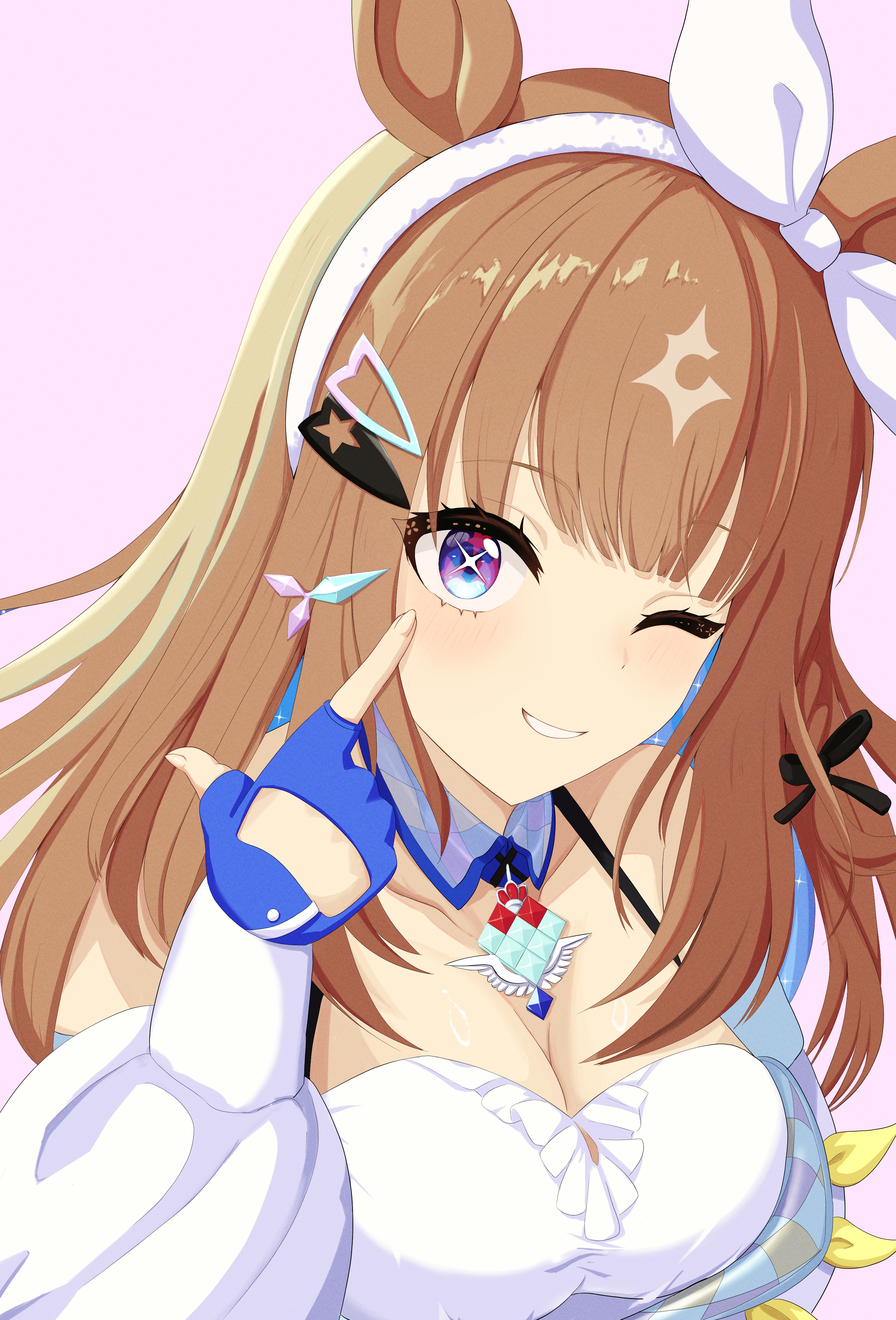 mog (user mtvk5888), almond eye (umamusume), umamusume, absurdres, highres, 1girl, ;), animal ears, blue eyes, blue gloves, bow hairband, braid, braided sidelocks, breasts, brown hair, cleavage, colored inner hair, fingerless gloves, gloves, hair between eyes, hair ornament, hairband, hairclip, horse ears, horse girl, long hair, looking at viewer, medium breasts, multicolored hair, one eye closed, pink background, simple background, smile, solo, symbol-shaped pupils, too many hair ornaments, upper body, white hairband, x-shaped pupils
