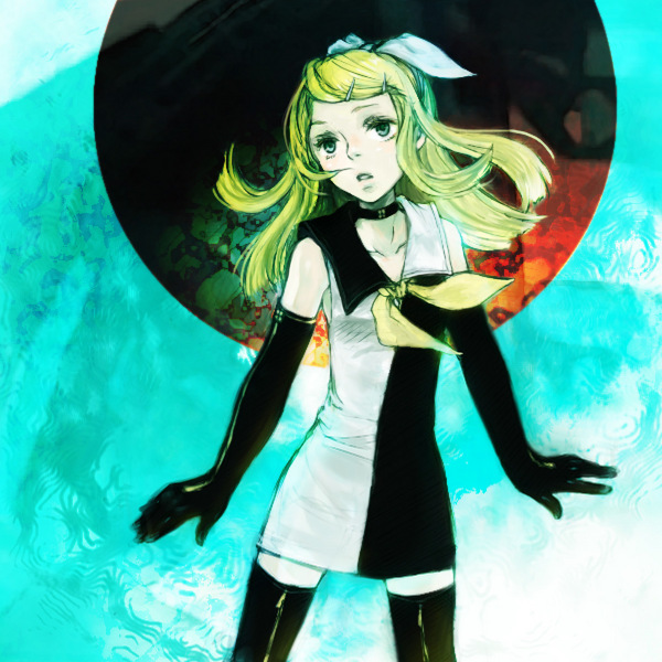 kno, kagamine rin, kagamine rin (roshin yuukai), roshin yuukai (vocaloid), vocaloid, alternate hairstyle, blonde hair, choker, dress, elbow gloves, gloves, long hair, sailor dress, thighhighs, zettai ryouiki
