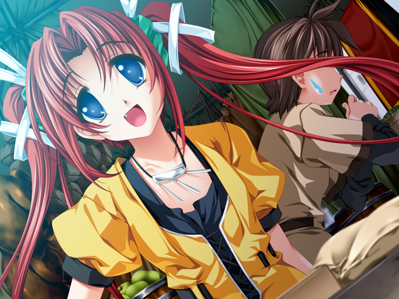 senomoto hisashi, mint tetra, princess frontier, game cg, non-web source, 1girl, blue eyes, dutch angle, fang, long hair, open mouth, red hair, solo focus, twintails