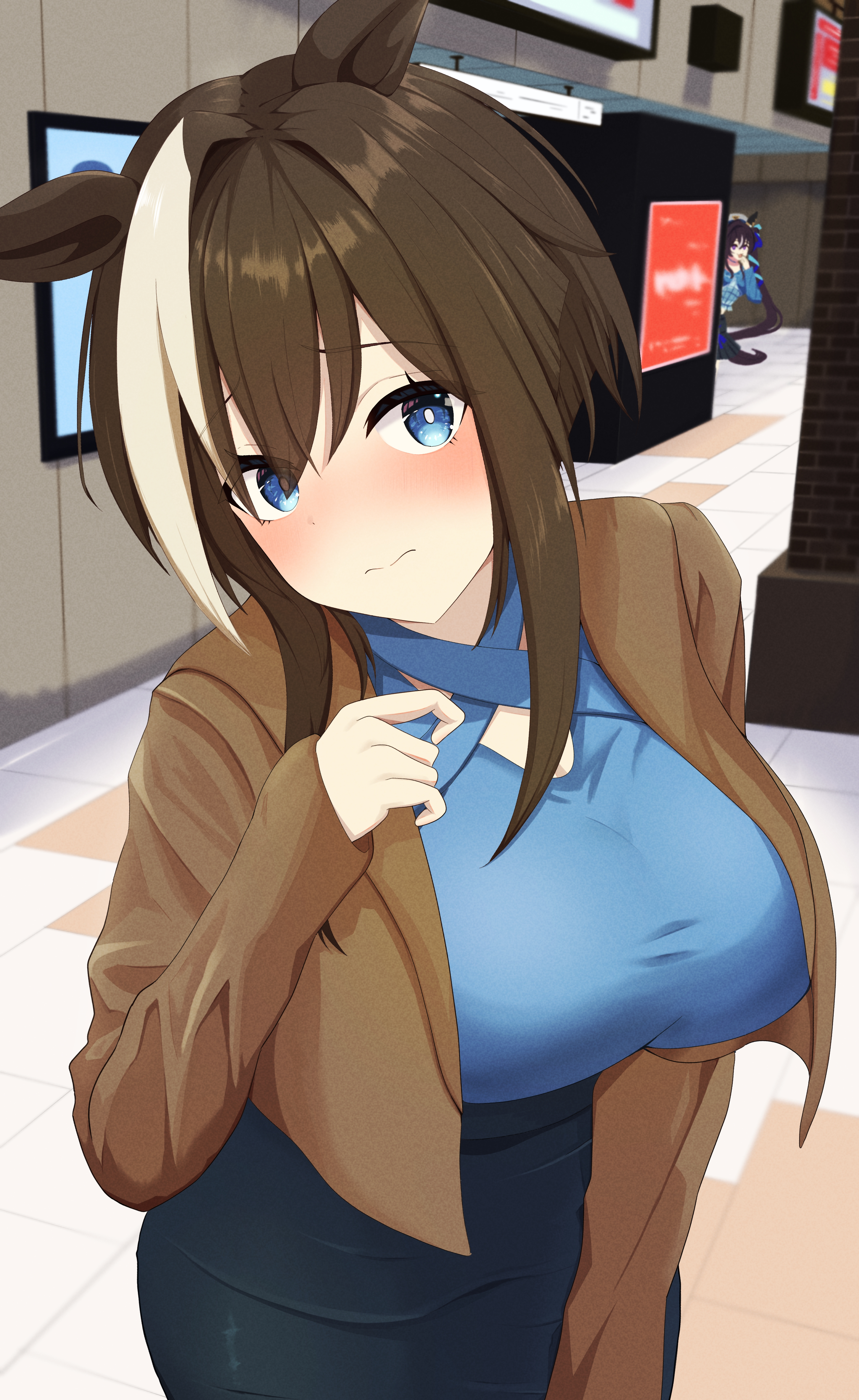 mog (user mtvk5888), cheval grand (umamusume), vivlos (casual) (umamusume), vivlos (umamusume), umamusume, absurdres, highres, 2girls, alternate costume, animal ears, black skirt, blue eyes, blue shirt, blush, brown hair, brown jacket, hair between eyes, hat, head tilt, horse ears, horse girl, jacket, long hair, looking at viewer, multicolored hair, multiple girls, open clothes, open jacket, sailor hat, shirt, skirt, solo focus, streaked hair, white hair, white hat